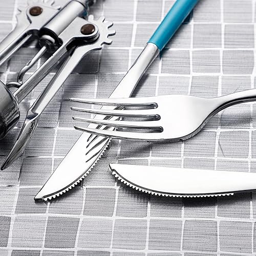 Miniatura 7 de WELLIFE 144 cubiertos de plástico azul, cubiertos de plástico resistente con mango azul, incluye 48 tenedores, 48 cuchillos, 48 cucharas para fiesta