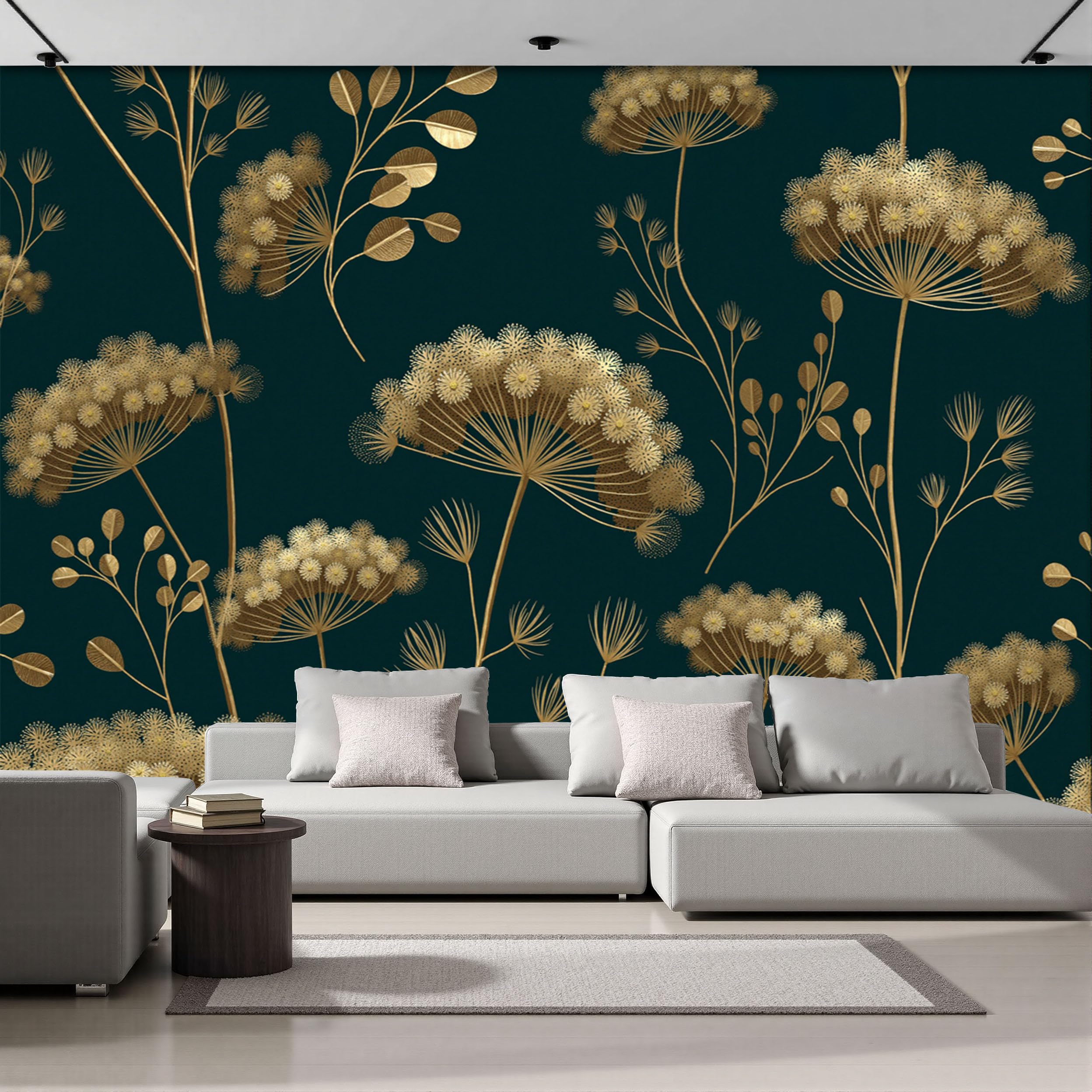 Papier Peint Panoramique Plantes de Luxe Aneth Sauvage Or Moderne 350x256