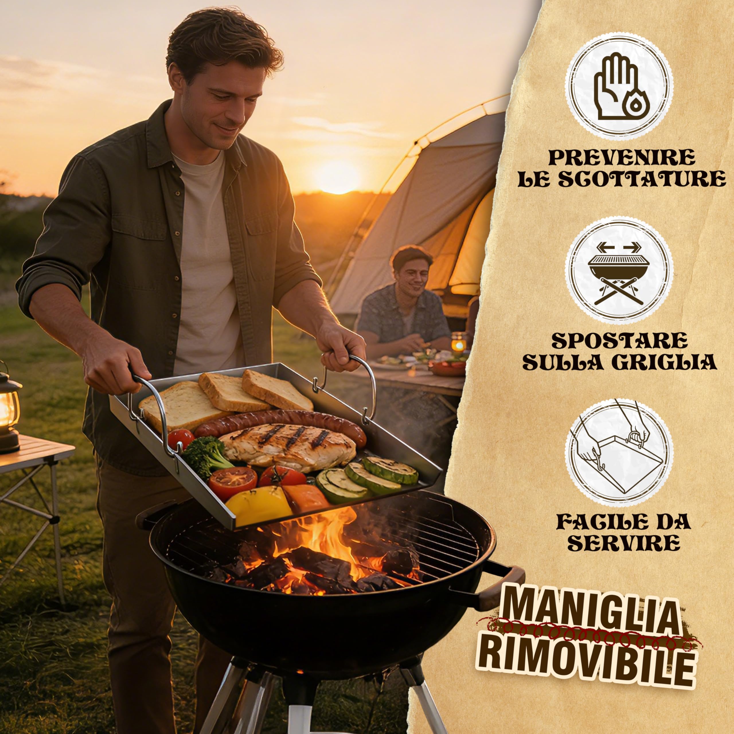 JONRRYIN Piastra Acciaio Inox Barbecue 40 x 30 cm, Plancha in Acciaio Inox per Barbecue Gas con 2 Spatole e Manico Rimovibile per BBQ a Gas e BBQ a Carbone (Tre spigoli)