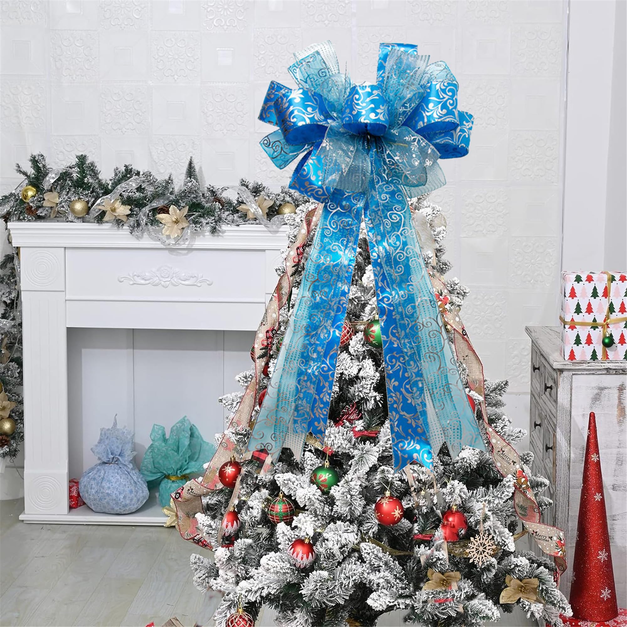 Christmas Tree Topper,30x13 Inches Large Toppers Bow with Streamer Wired Edge for Christmas Decoration (Blue, 30x13inch) - Image 3