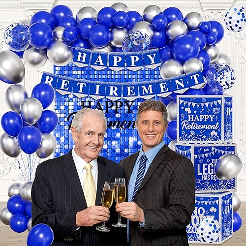 Miniatura 5 de Decoraciones de fiesta de jubilación azul para hombres (paquete de 37) pancarta azul de jubilación, 6 pompones de papel, 10 remolinos colgantes, 18