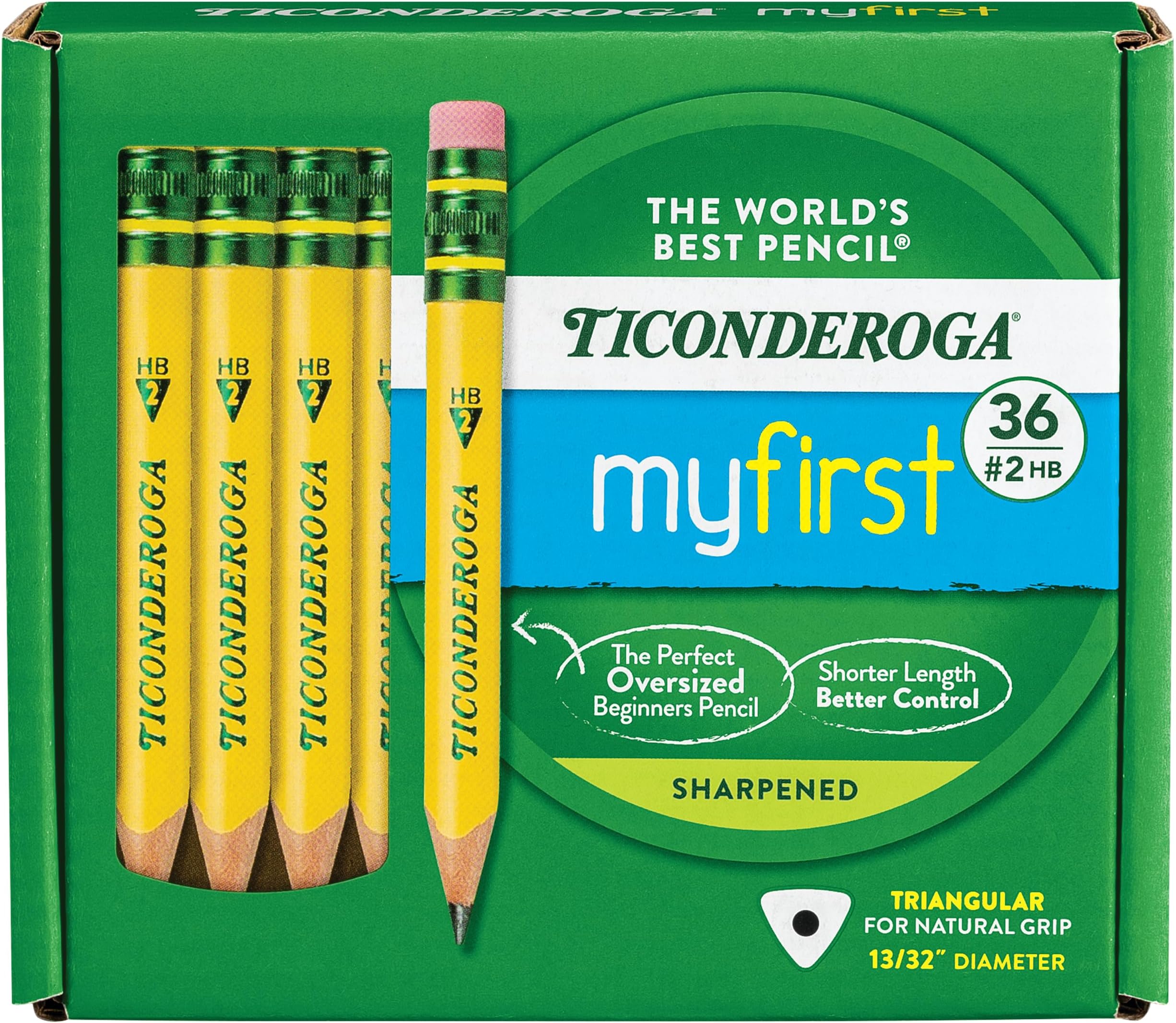 Ticonderoga My First Short Triangular Wood-Cased Pencils, 2 HB Soft, Yellow, 36 Count