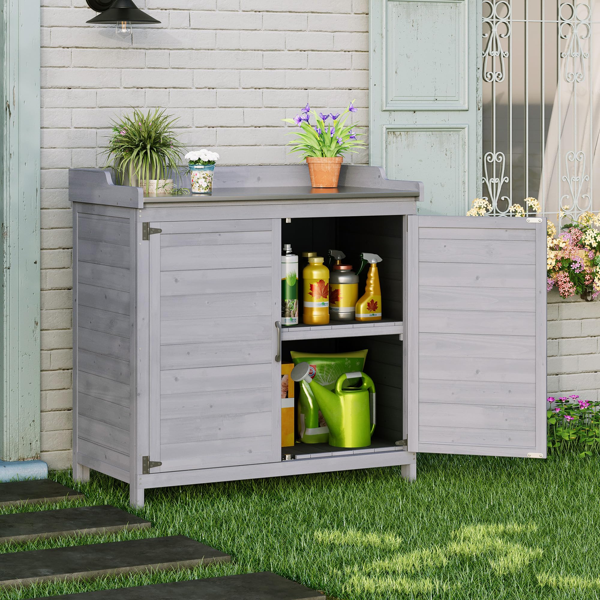 Pflanztisch mit Unterschrank, Gartenschrank mit verzinkter Arbeitsplatte & 2 höhenverstellbaren Einlegeböden, Balkonschrank für Garten, Balkon, Terrasse, 98x48x95cm (Grau)