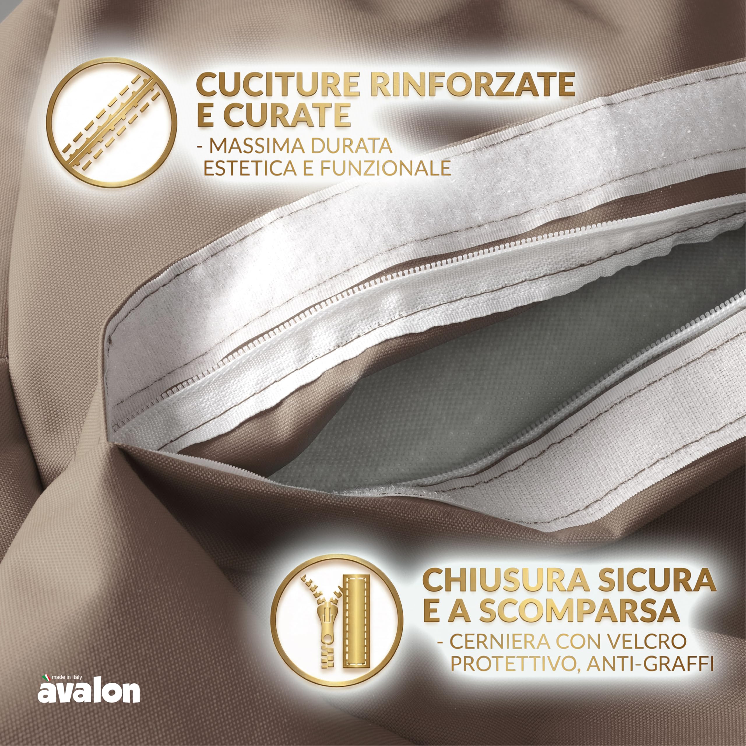 Avalon - Puff Poltrona Sacco Grande SOFTY 80×80×H75cm Sfoderabile, Pouf Sacco di Qualità Sartoriale, Bean Bag per Sedersi Ergonomico, Tessuto Antistrappo Impermeabile, Made in Italy(Tortora)