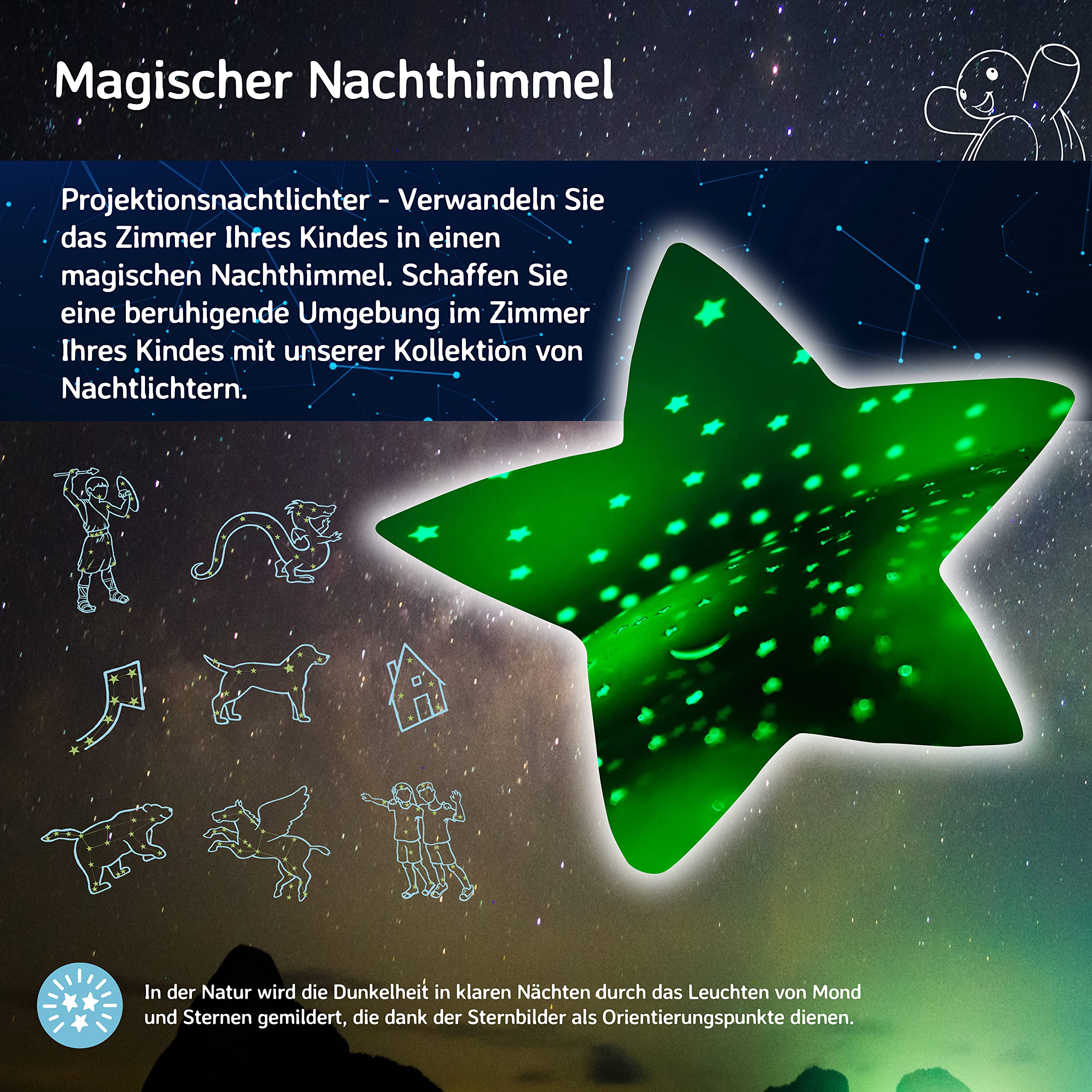 Cloud b Beruhigendes Nachtlicht Sternenprojektor | Sternenhimmel Projektor Kinder mit 3 Farben & 8 Sternbildern | Einschlafhilfe mit Auto-Off 45 Min | Schildkröte Grün