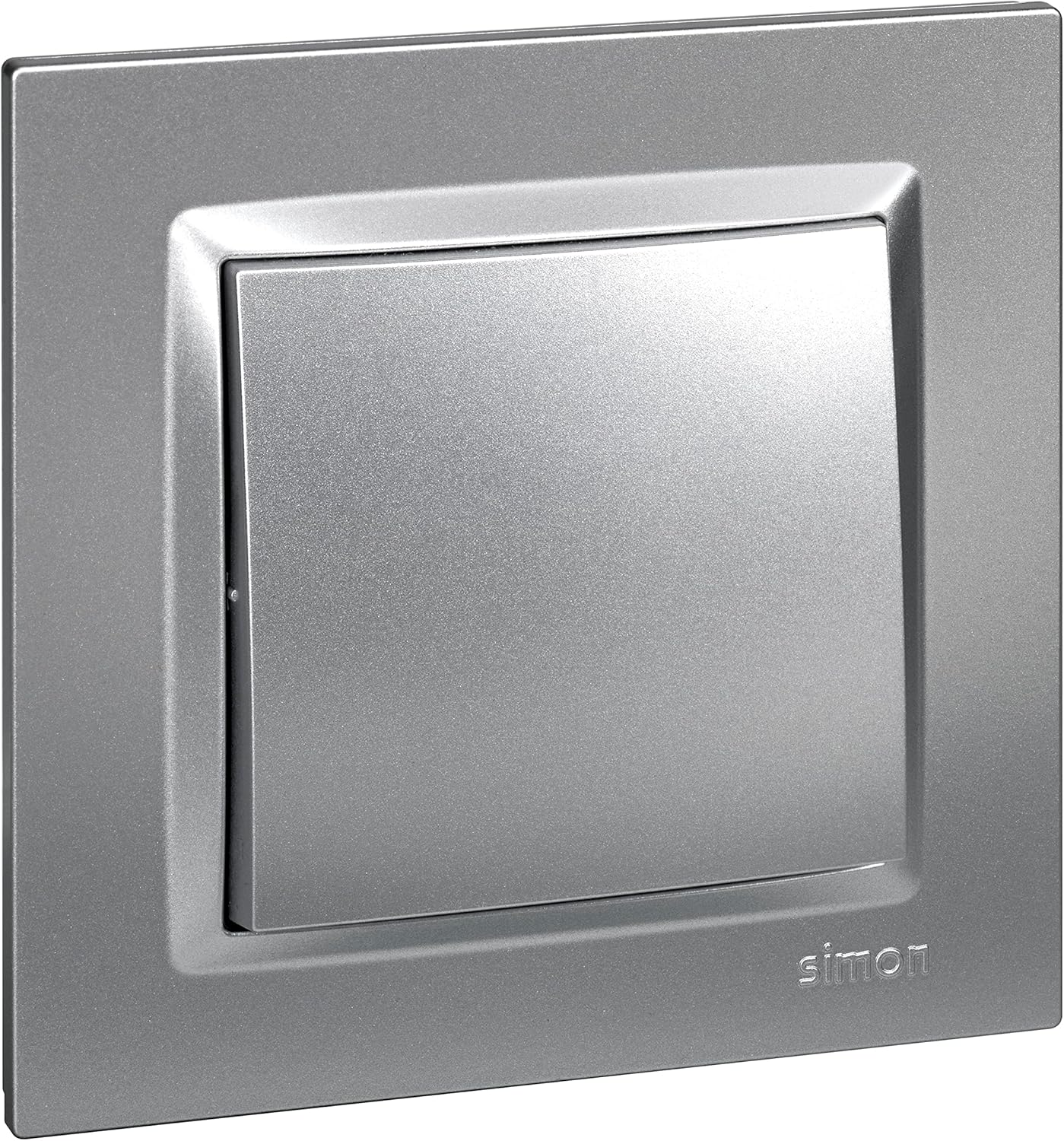 SIMON - Electric Push Button, Interior Wall Switch, Simon 10 Series, Easy to Install, Includes Frame, Lid and Mechanism, for Residential Spaces or Tourist Accommodations, Aluminium Color
