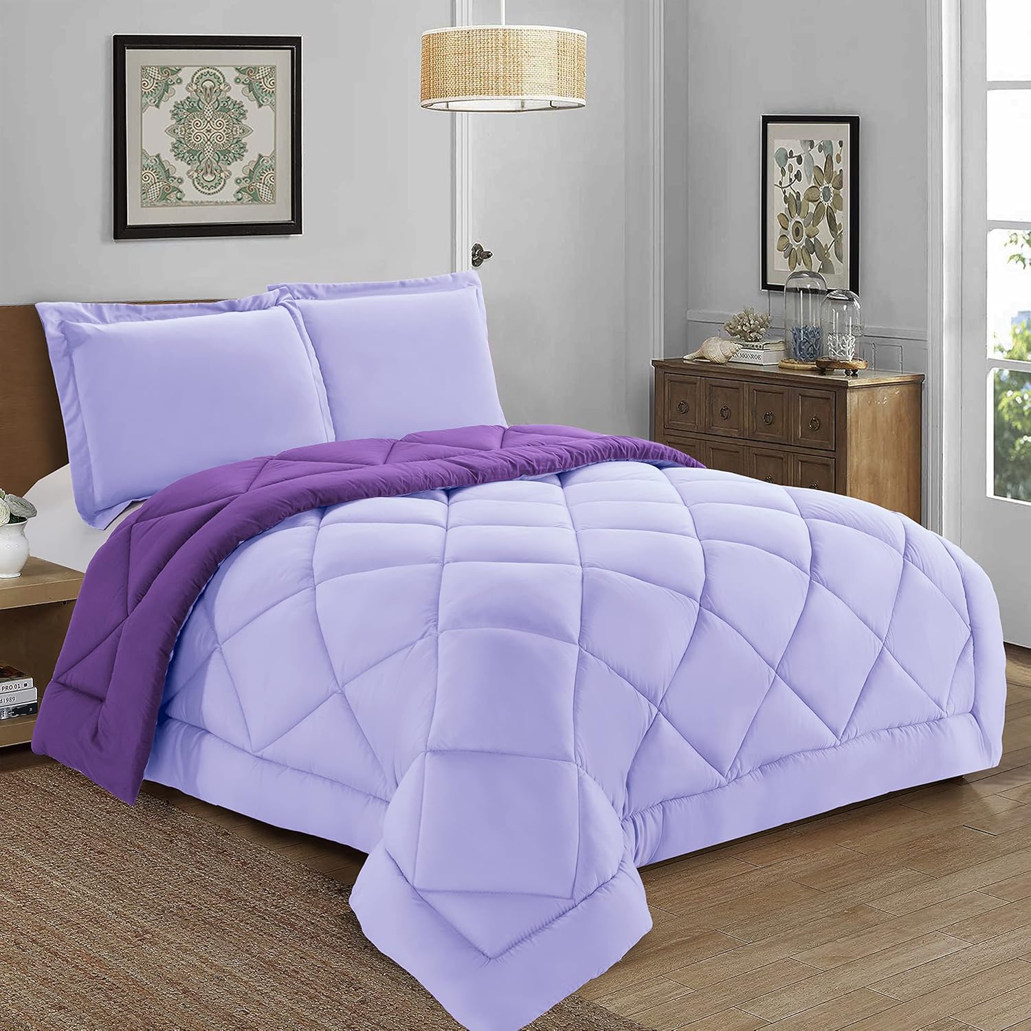 Valerian Reversible 3-Piece Comforter Set All Season, Ultra Soft, Down Alternative Comforter, F/Q, Lilac/Purple