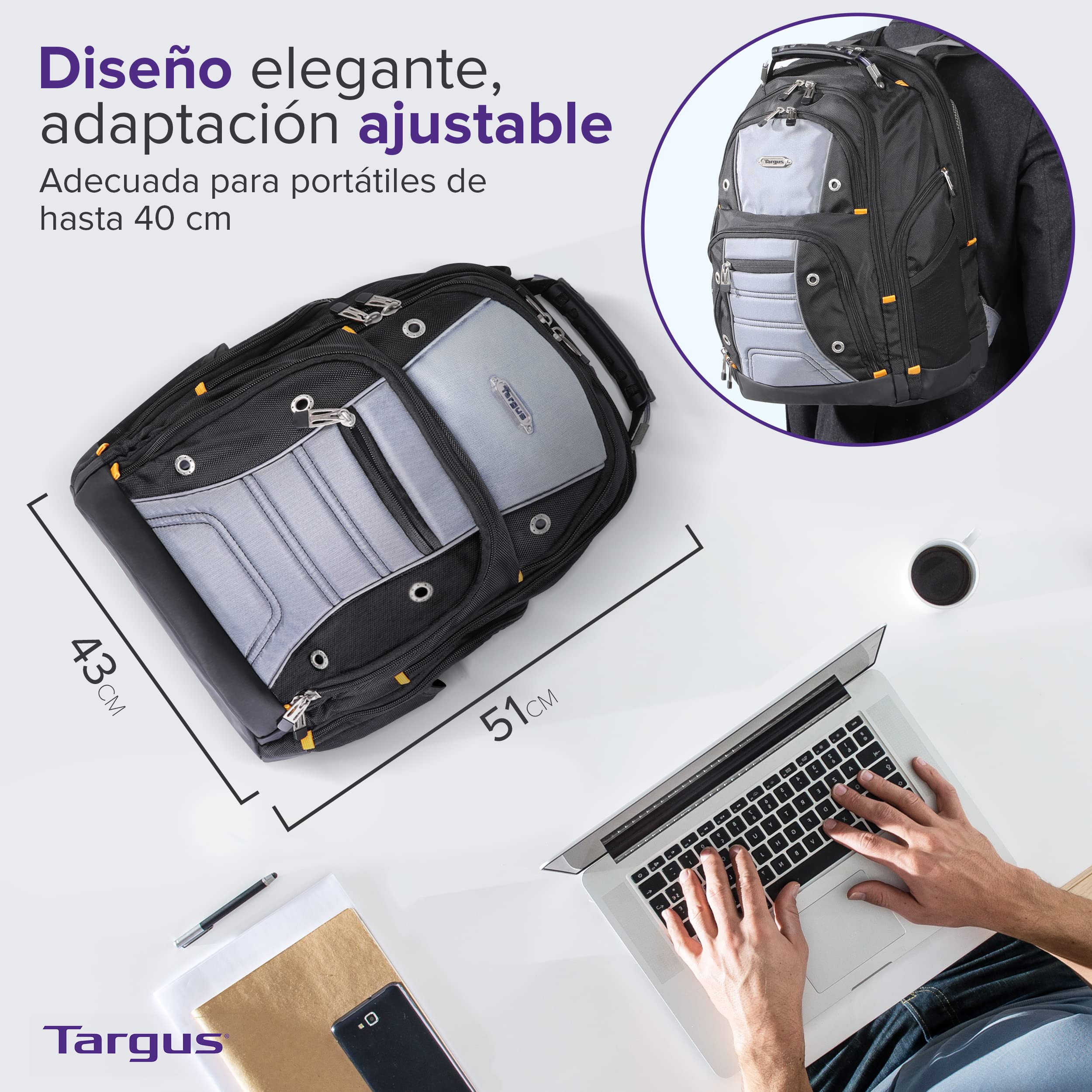 Targus Mochila Drifter TSB238EU, de 32 litros. La Mejor opción para Trabajadores, Estudiantes y videojugadores; Apta para la mayoría de los Ordenadores portátiles de hasta 15.6” – Negra/Gris