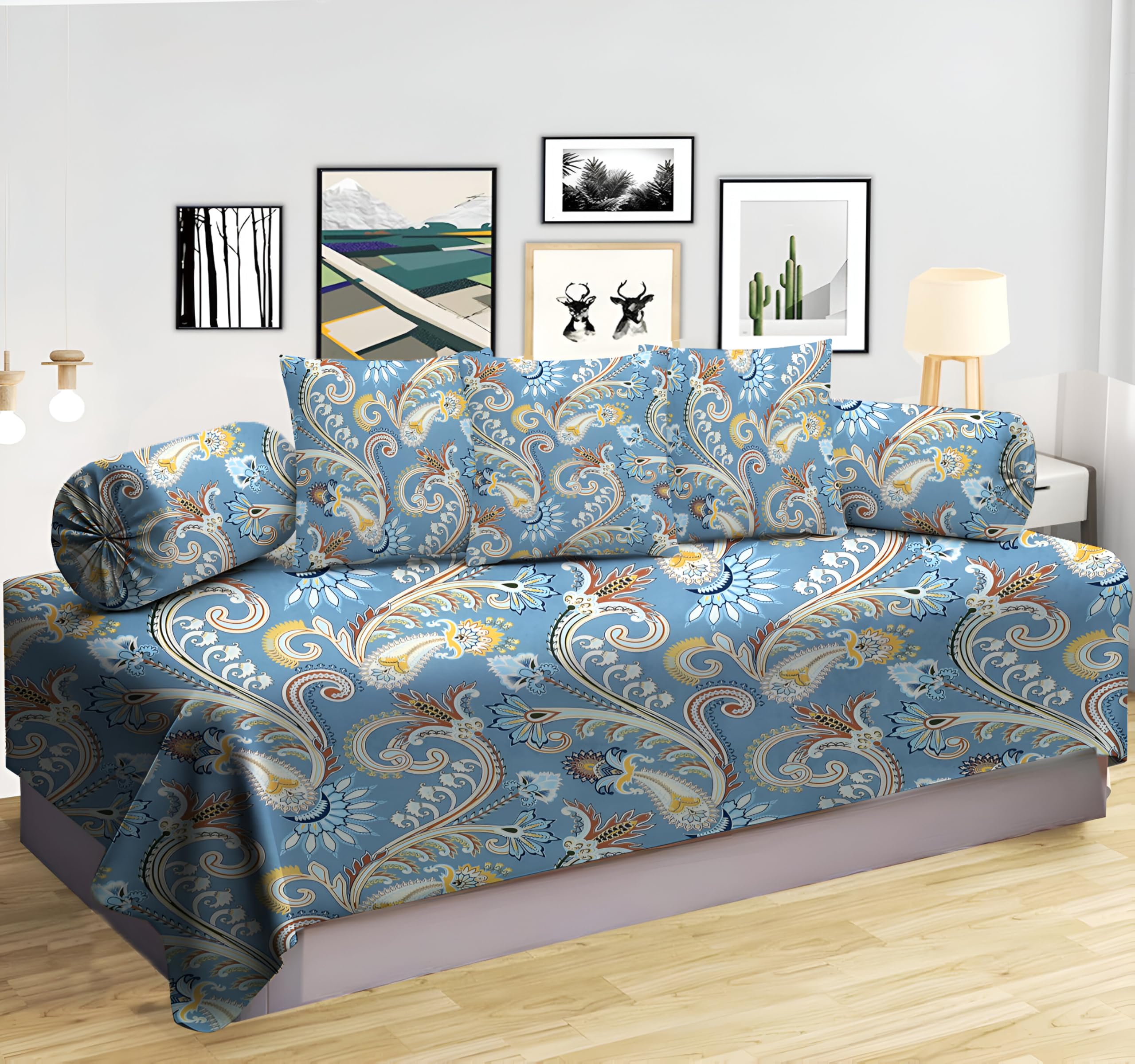 IVAZA 200TC Diwan Set Ezyption Cotton 6 Pcs | Deewan Printed Bedsheet Sets for Living Room Hall (1-Bed Sheet 60x90 Inch | 2-Bolster Cover 16x32 Inch | 3-Cushion Cover 16x16 Inch) Grey-picture-13