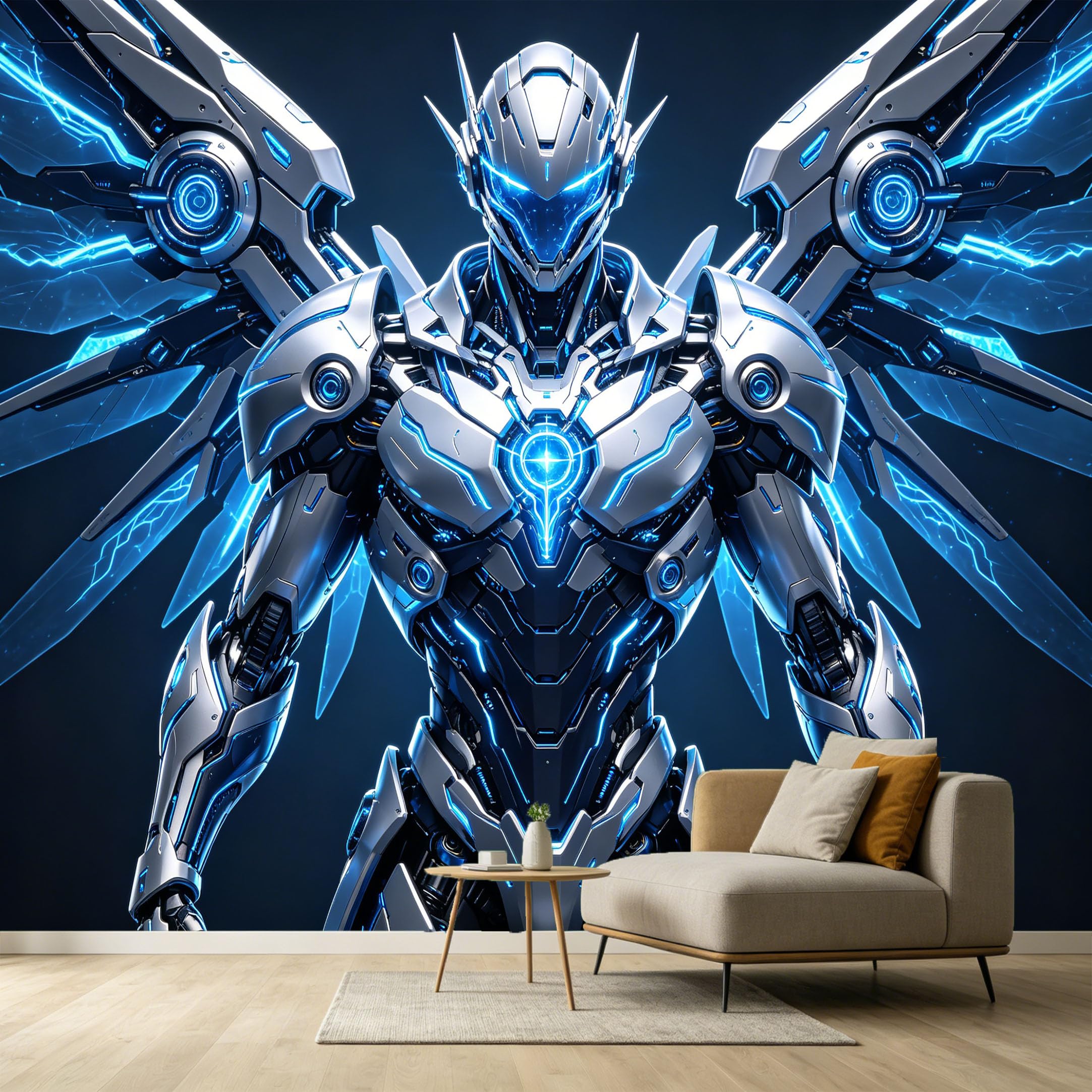 Custom Size Wall Murals Futuristic Mech Robot 3D Modern SciFi Armor Energy Wings SelfAdhesive Wall Fabric Removable Large Wallpaper for Photo Living Room