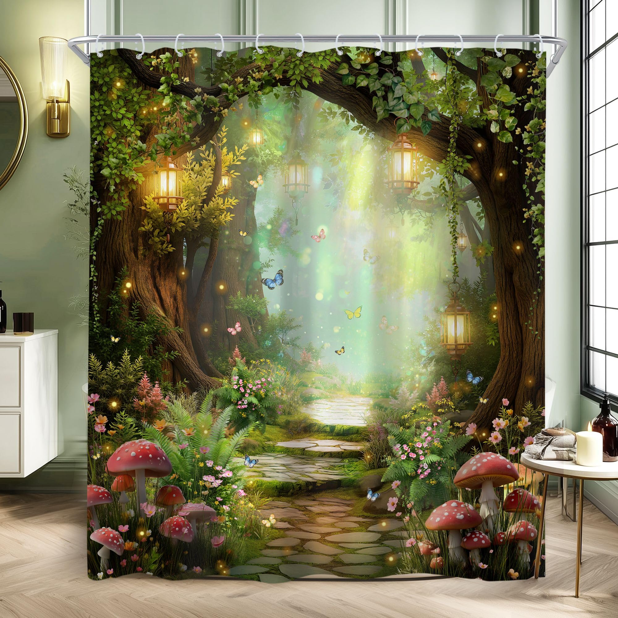 Newsely Fantasy Fairy Path Shower Curtain 72Wx78L Inch Long Magical Enchanted Jungle Mushroom Floral Tree Butterfly Wonderland Bathroom Set Misty Waterproof Bath Decoration Accessories Home Decor