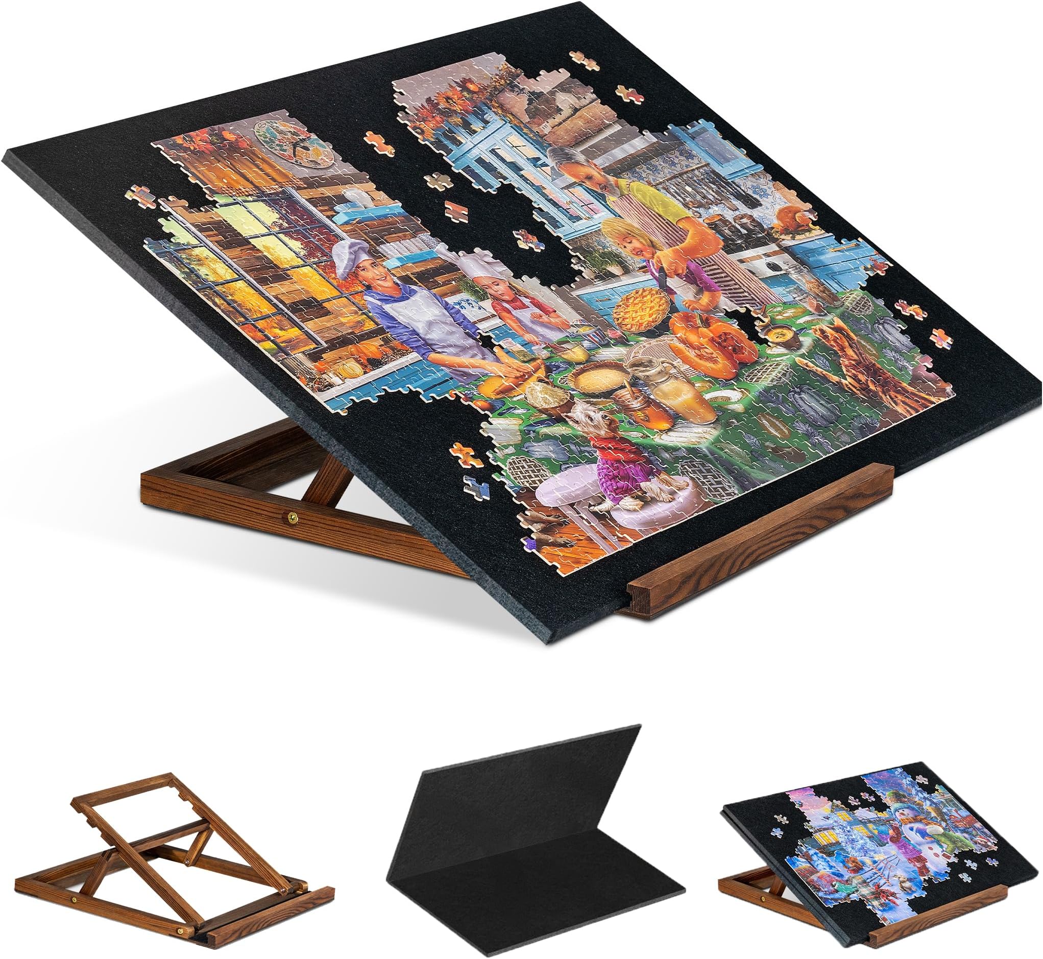 Tektalk Foldable Jigsaw Puzzle Board with 3 Angle Adjustable Bracket/Stand, Lightweight Portable Puzzle Mat Plateau with Wooden Easel, Foldaway Felt Puzzle Table, for Up to 1000 Pieces - Black