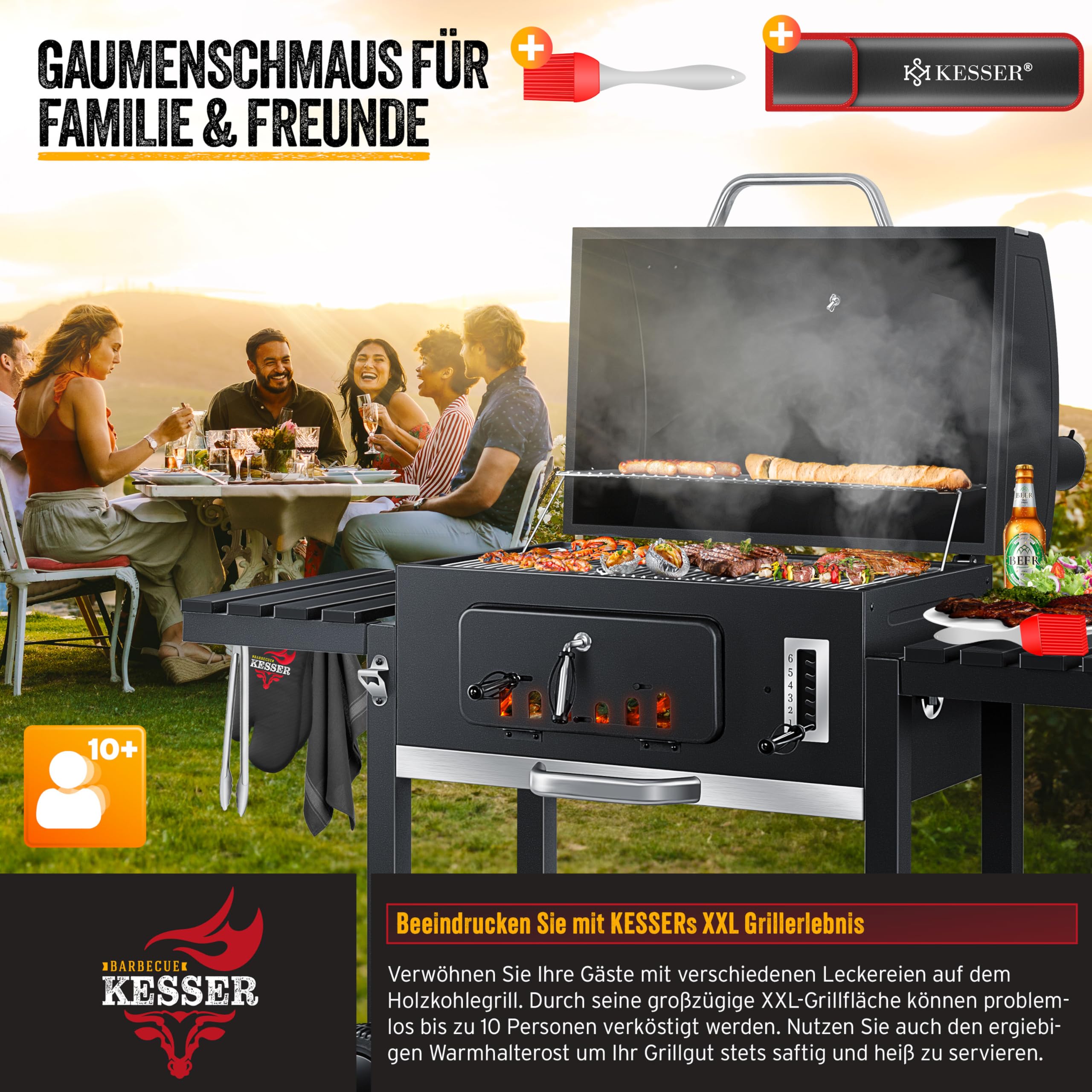 Parrilla Grande Con Tapa Barbacoa Carbón TEENO XXL Con Tapa - 105x85x118cm  Termómetro Y Accesorios Parrilla Tapa Termómetro, image size:2560x2560