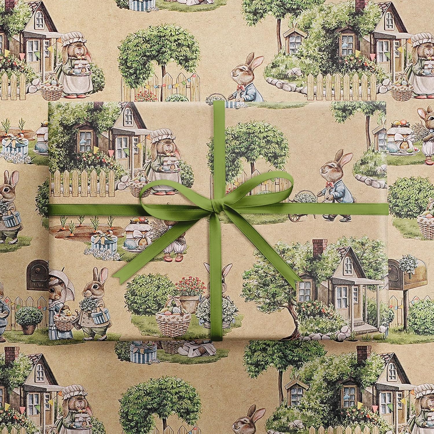 RUSPEPA Happy Easter Bunny Wrapping Paper Roll, Mini Roll, Vintage Rabbit Garden Scene Design Kraft Gift Wrap Paper Perfect for Easter, Birthday and Spring Celebrations, 17 Inches x 16.4 Feet - Image 7