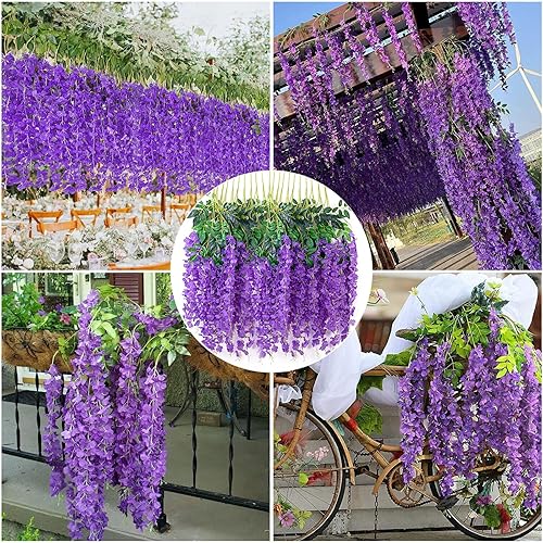 Miniatura 6 de Paquete de 12 flores colgantes de glicina morada, flores colgantes falsas moradas de 3.77 pies, guirnalda de glicina artificial morada, enredaderas