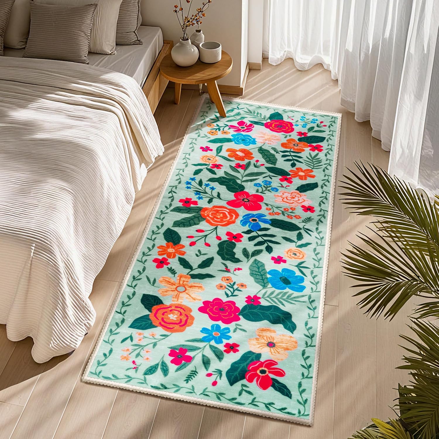 Joiedomi Hallway Runner Rug Washable 2'6''x8' Non Slip Kitchen Rug with Rubber Backing Soft Boho Floral Floor Carpet Runners for Entryway Laundry Bedroom Indoor (Green)