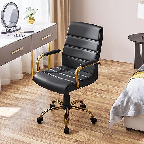 Miniatura 2 de Topeakmart Silla de escritorio de oficina Silla ejecutiva de cuero sintético ajustable con marco dorado asiento negro