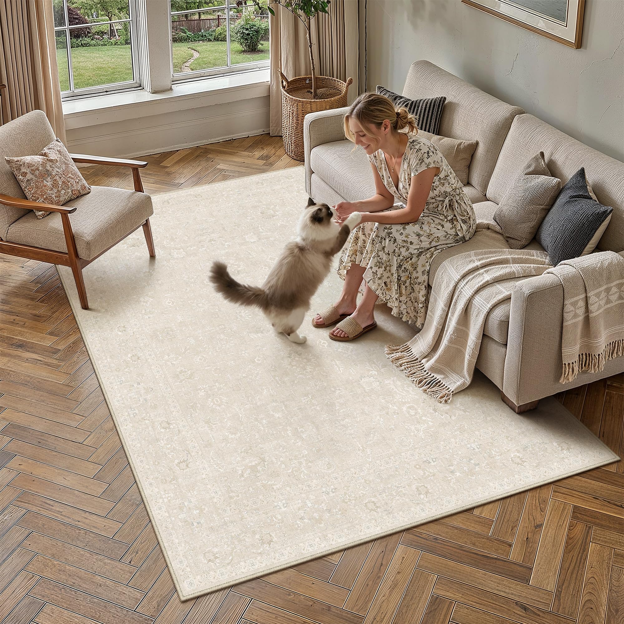 PureCozy 5x7 Beige Area Rug Washable Non Slip Vintage Living Room Carpet