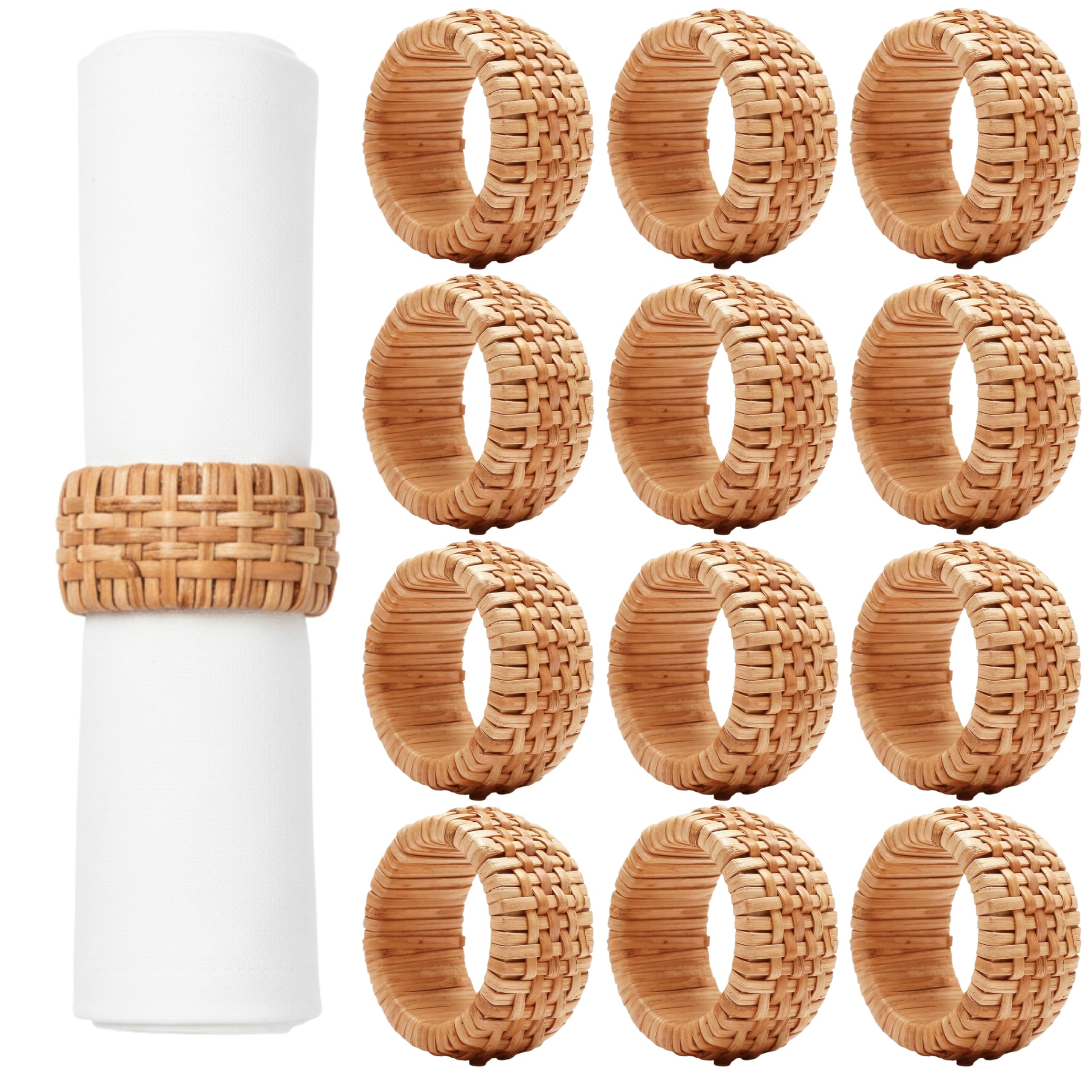 - ALPHA Living HOME Natural Rattan Napkin Rings Set of 12 - Handcrafted Cane Serviette Holders for Table Decor, Weddings, Parties, Dinners, Rustic Boho Style Napkin Rings Set (Brown)