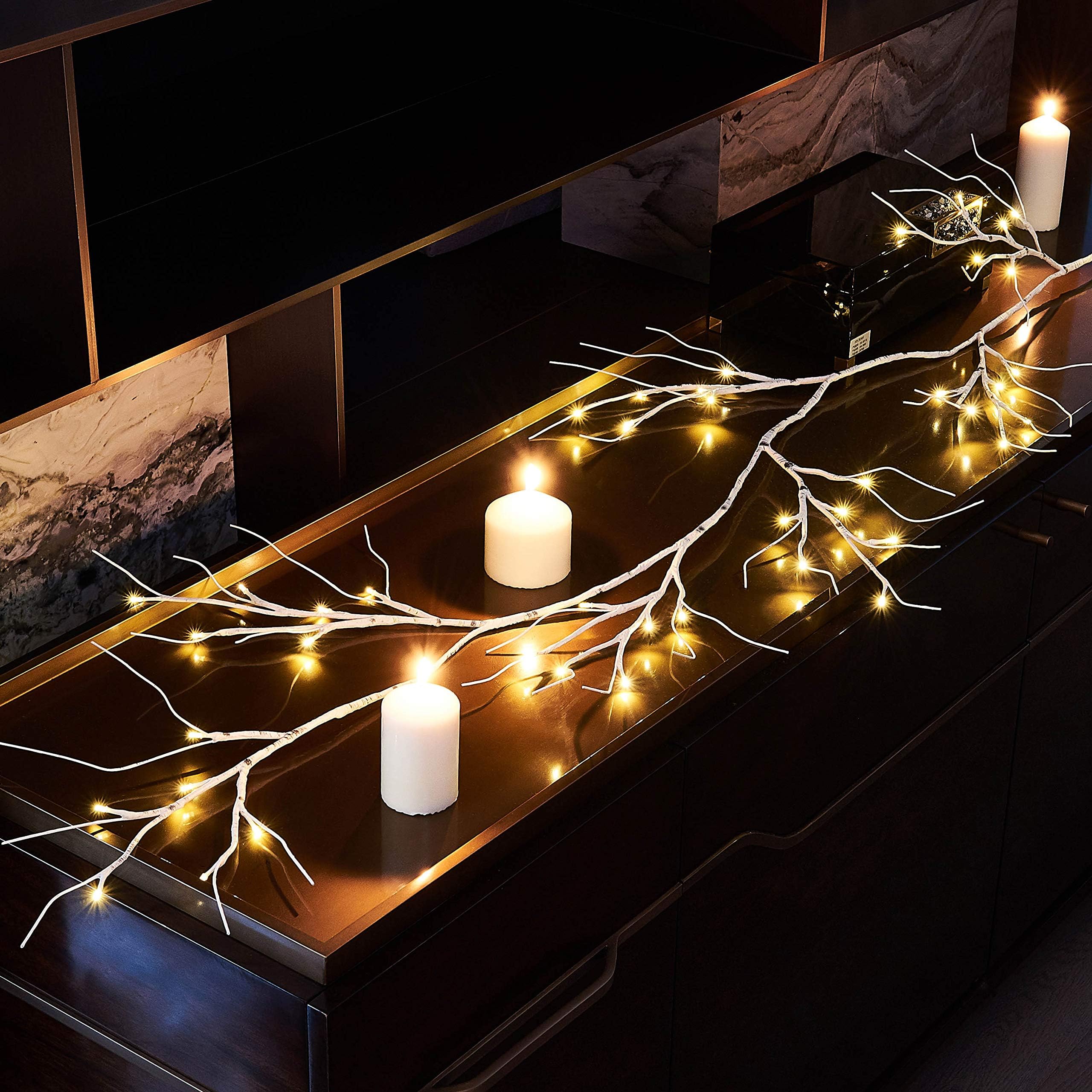 Birch Garland with Lights 6FT 48 LED Battery Operated, Lighted Twig Vine with Timer for Christmas Home Fireplace Decoration Indoor Outdoor Use