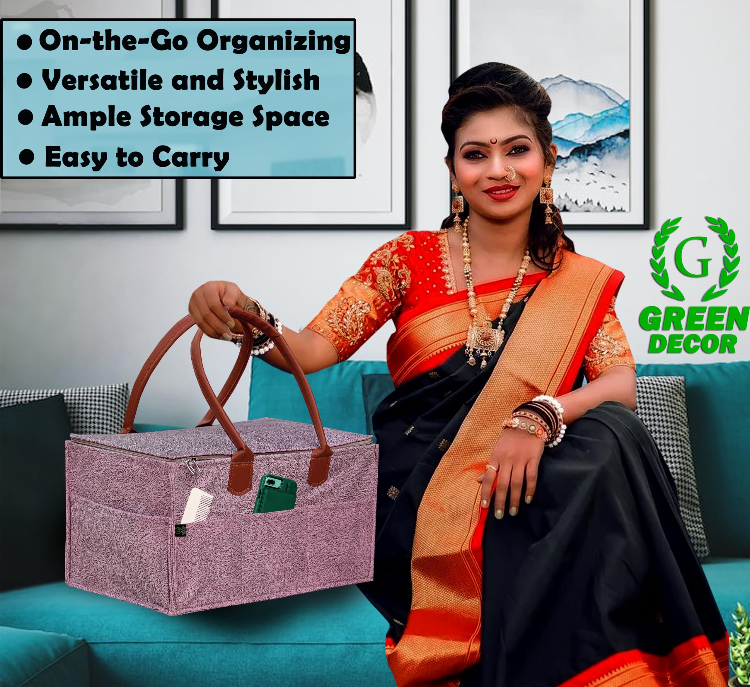 GREEN DECOR - Non Woven Fabric Cute Diaper Caddy Bag with Handles & Zip Lock for Smart Mothers Baby Diaper Caddy Wipes Felt Storage Organizers,Foldable and Portable (Dapple Pink - 15X10X8 Inch) 4