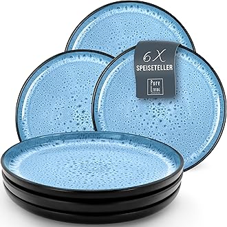 PURE LIVING INTERIOR DESIGN Stoneware Plates Large Set of 6 Ibiza Test Very Good – Elegant Dinner Plates Dishwasher and Microwave Safe – Crockery Set for 6 People, Dinner Plates – Black with Deep Blue