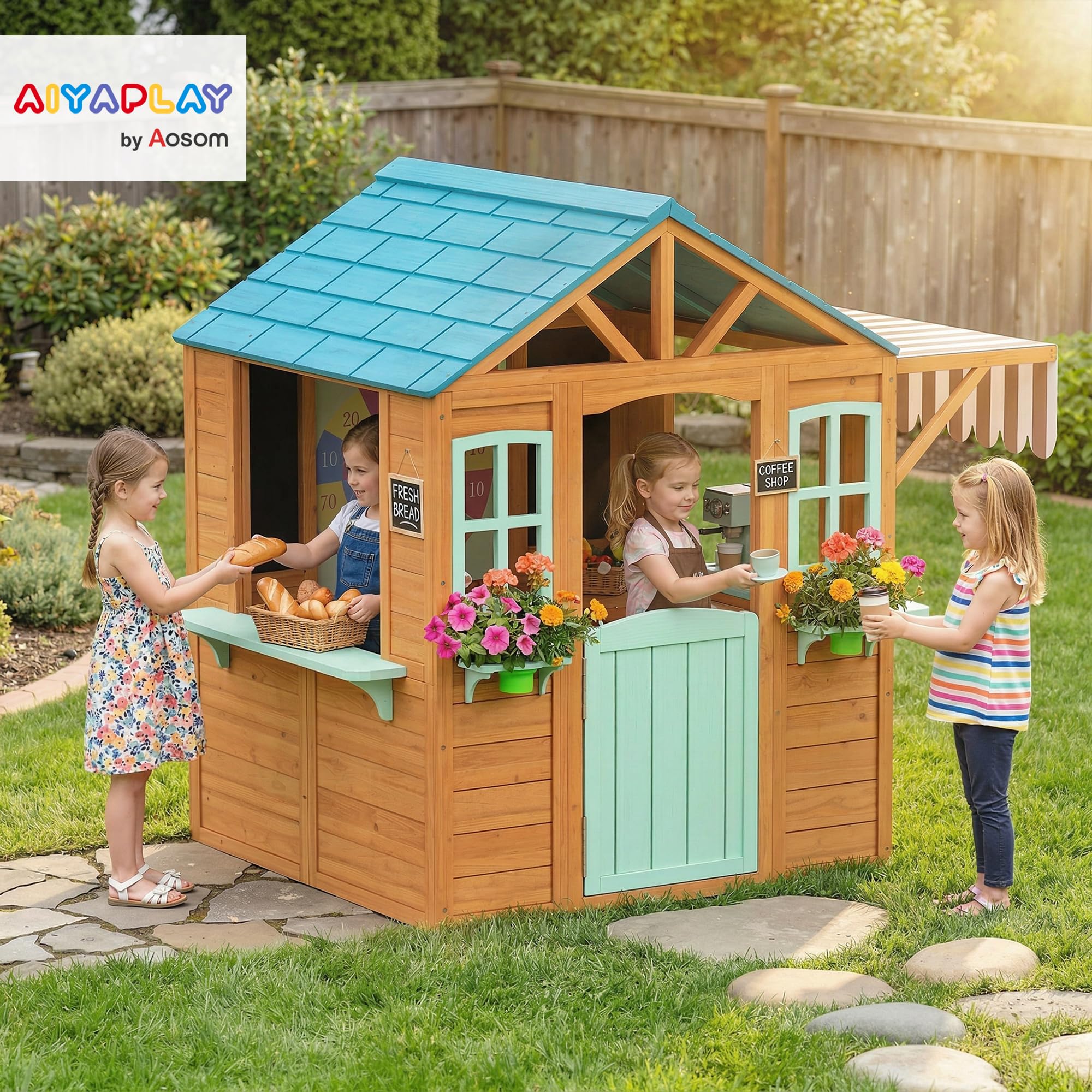 AIYAPLAY Casetta da Giardino per Bambini in Legno Abete, Casetta per Bambini Esterno, Finestra, Snack Bar, Mezza Porta, Portavasi, Telo Bersaglio, 4 Palline, Lavagna, 3-6 Anni, 142x120x141.5cm, Giallo