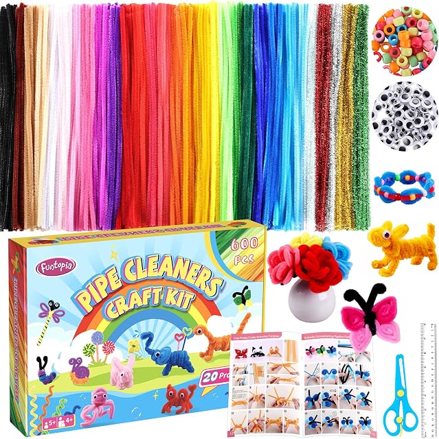 600pcs Pipe Cleaners Crafts Kit, 30 Colors Pipe Cleaners Bulk with 20 Designs Instruction Book, Colorful Chenille Stems for Animal Flower Creative Projects DIY, Arts and Crafts for Kids Ages 4-12