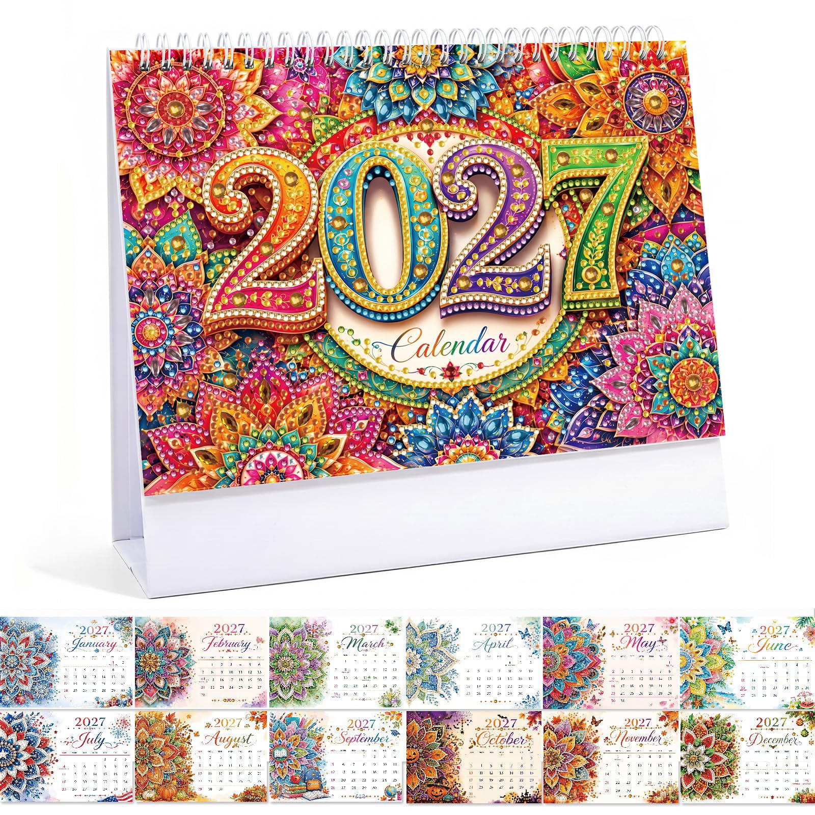 Lebartm 2027 DIY Diamond Art Desk Calendar for Adults Beginners Creative Design Thick Paper Gemstone Painting Art Crafts Monthly Flip for Tabletop Home Office Planning-Mandala