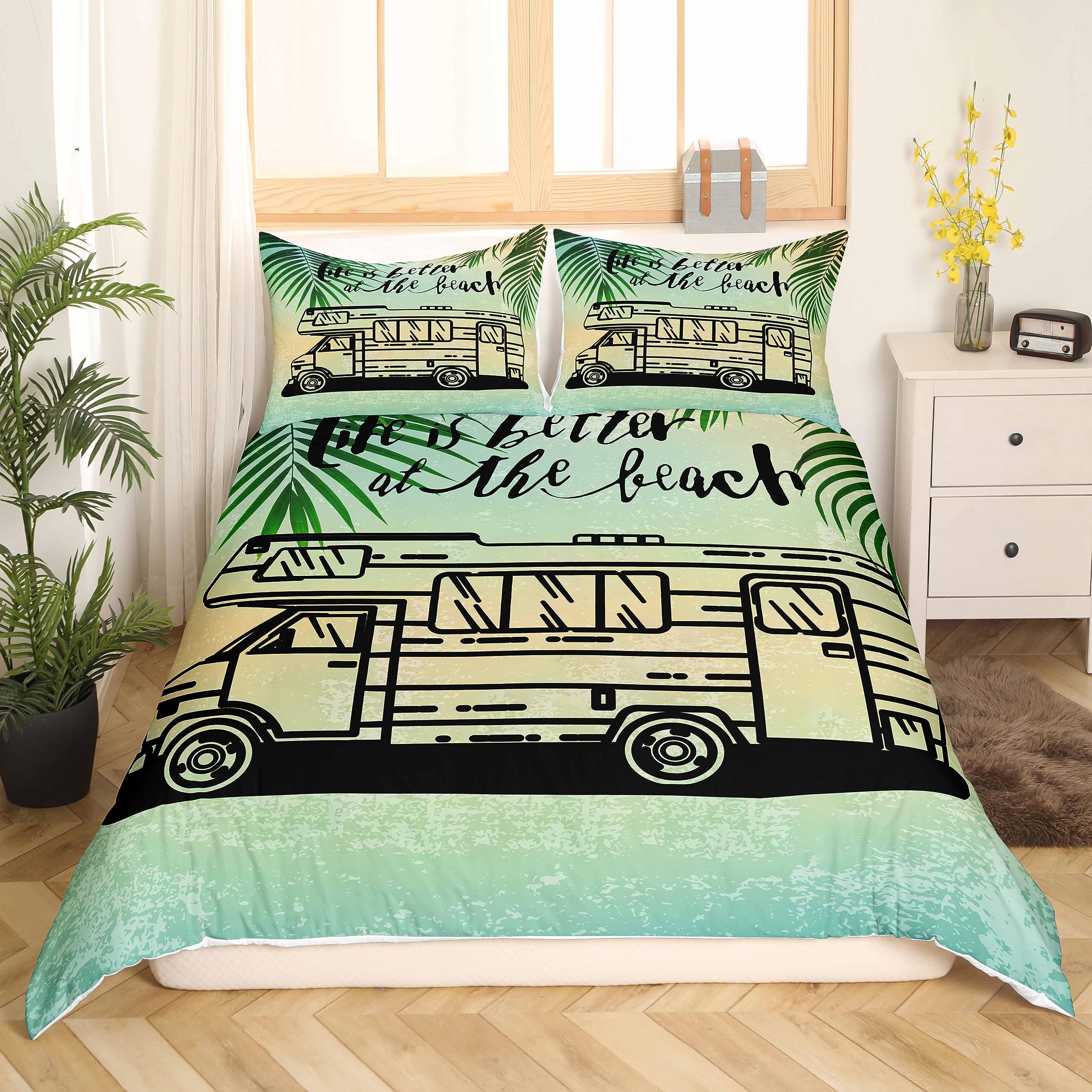 Campeur Parure de Lit 220x240cm Bon camping Parure Housse de Couette Dessin animé RV Camping Car Housse de Couette Décor de chambre Campeur Accessoires pour Voyage Remorques Feuilles Tropicales