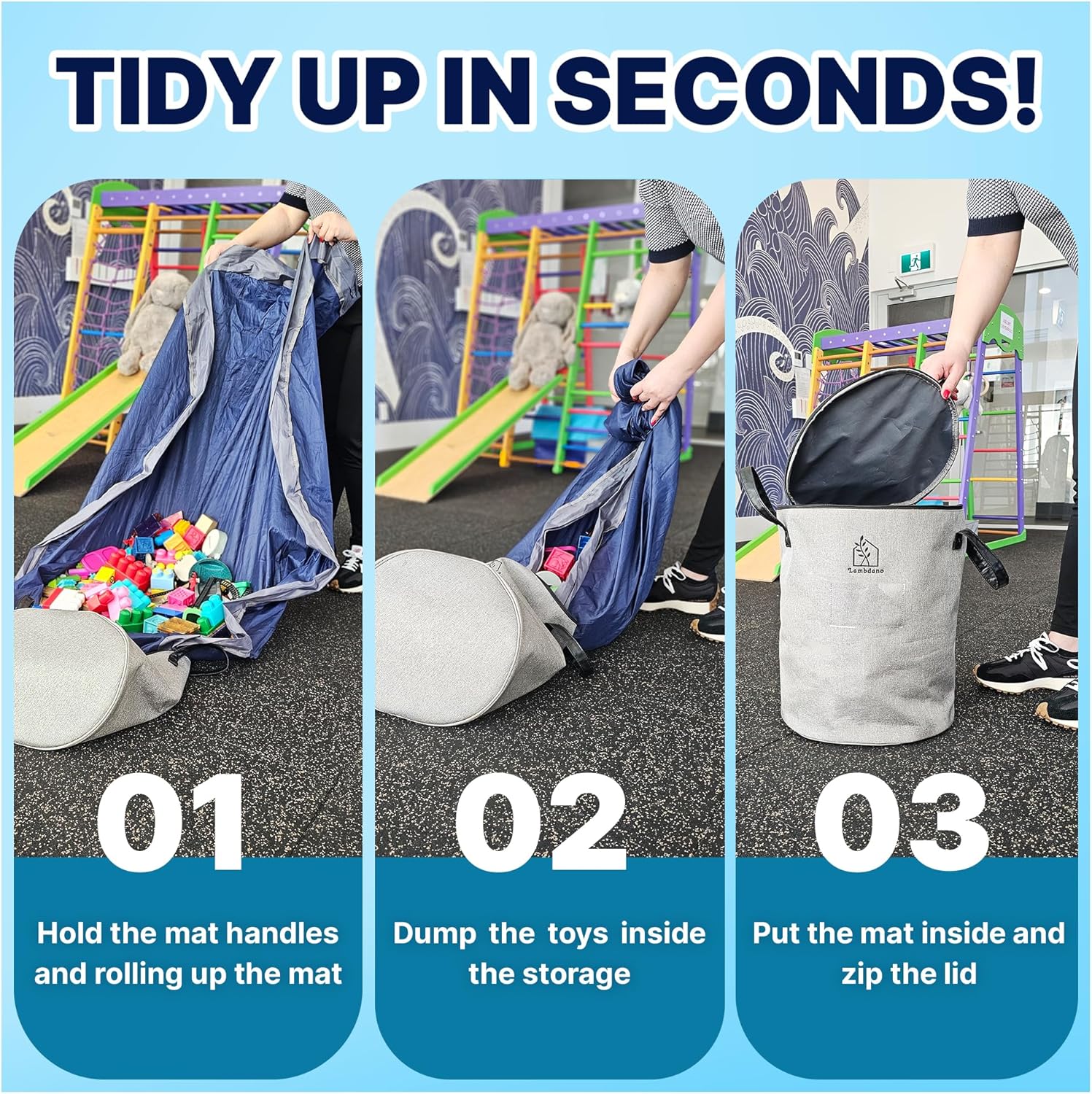 Portable Toy Storage Basket & Play Mat with Pocket Label - 9.3 Gallon Toy Organizer - Leather Handles, 60" Playmat - Toy Bag for Boys & Girls, Playroom, Grey