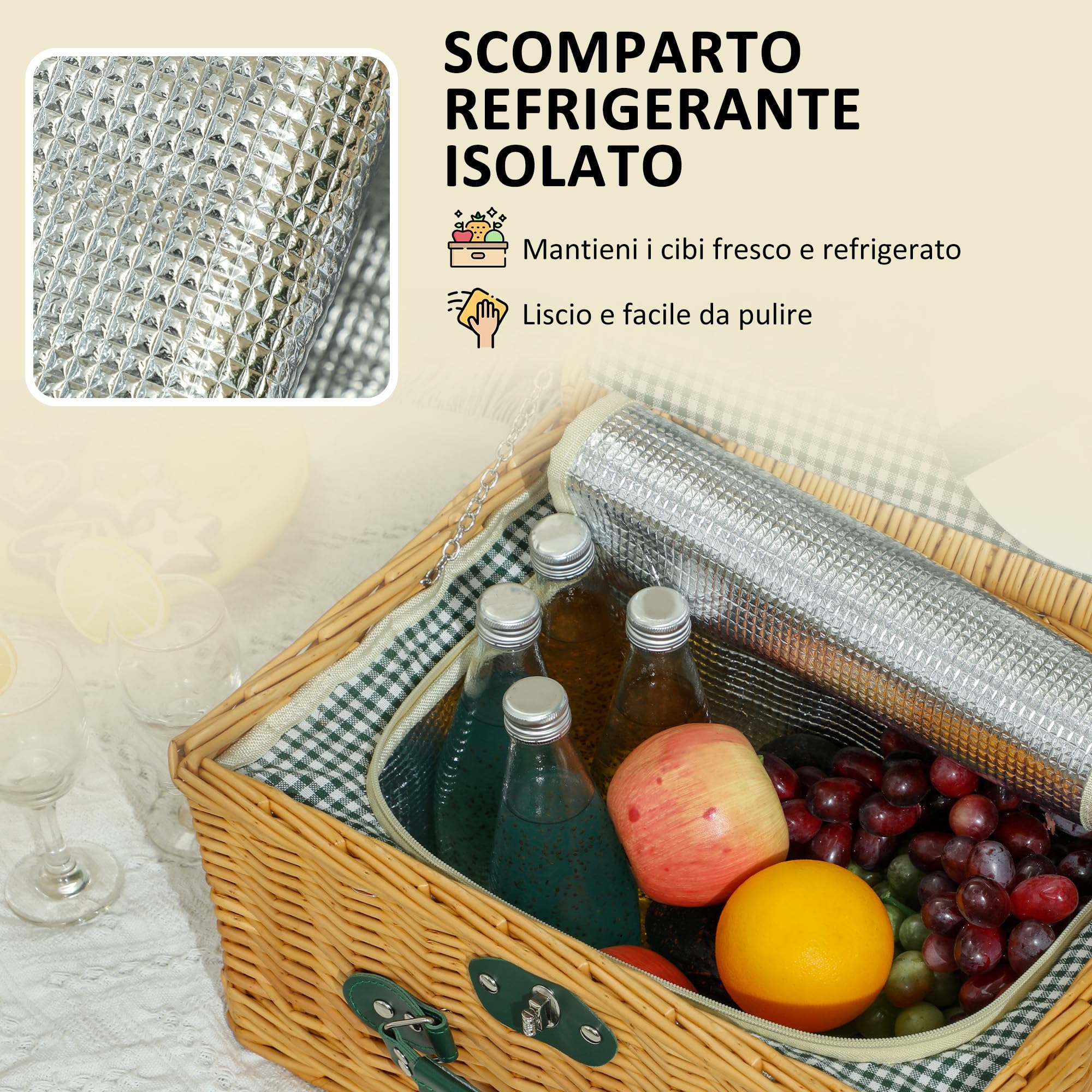 Outsunny Cestino da Picnic in Vimini per 2 Persone con Area Frigo, Cesto Picnic con 2 Piatti, 6 Posate, 2 Bicchieri e Cavatappi, 40x30x20 cm, Marrone Chiaro