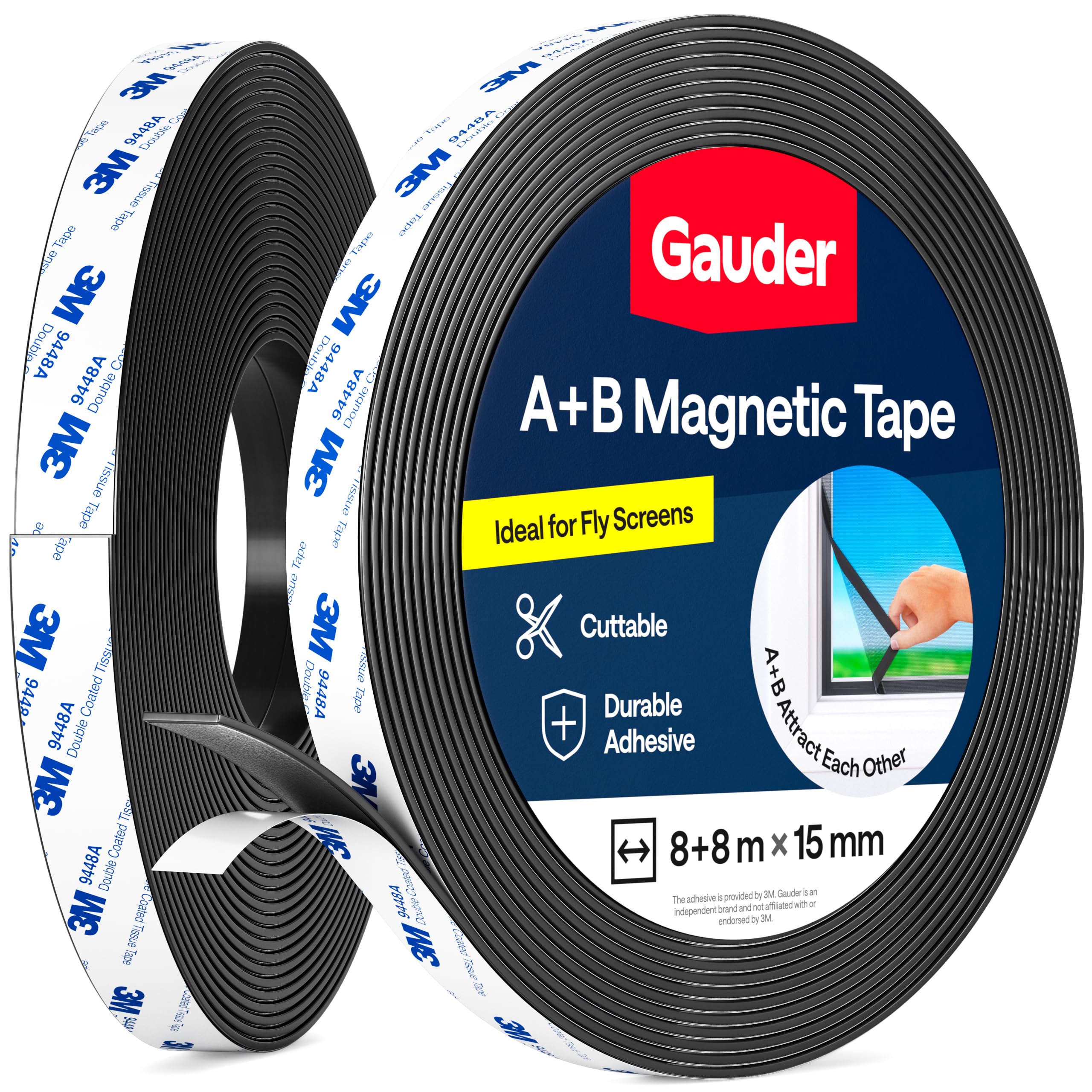 A+B Magnetic Tape for Fly Screens & Mosquito Nets - Self-Adhesive Magnetic Strips with Strong Mutual Attraction - Magnet Tape with Counterpart & Strong Adhesive (8+8 m)