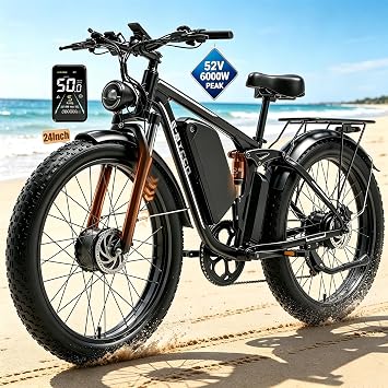 6000W Peak Dual Motor Electric Bike for Adults, 52V 32AH Battery, Fast 45-50 M P H & 100Miles Long Range EBike, Full Suspension, Hydraulic Brake, 24"/26" Fat Tire Off-Road Mountain E-Bicycle