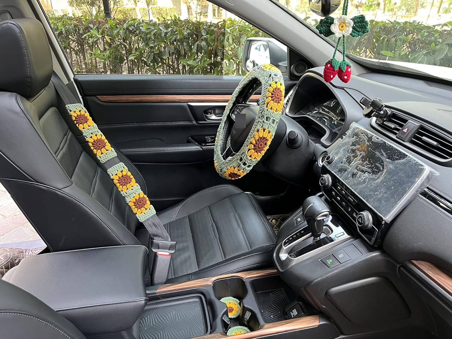 Handmade Crochet Sunflower Flower Car Steering Wheel Covers Universal 14-15 inch for Women and Men (Wheel Covers+2belt Covers+2Car Coasters+Strawberry)
