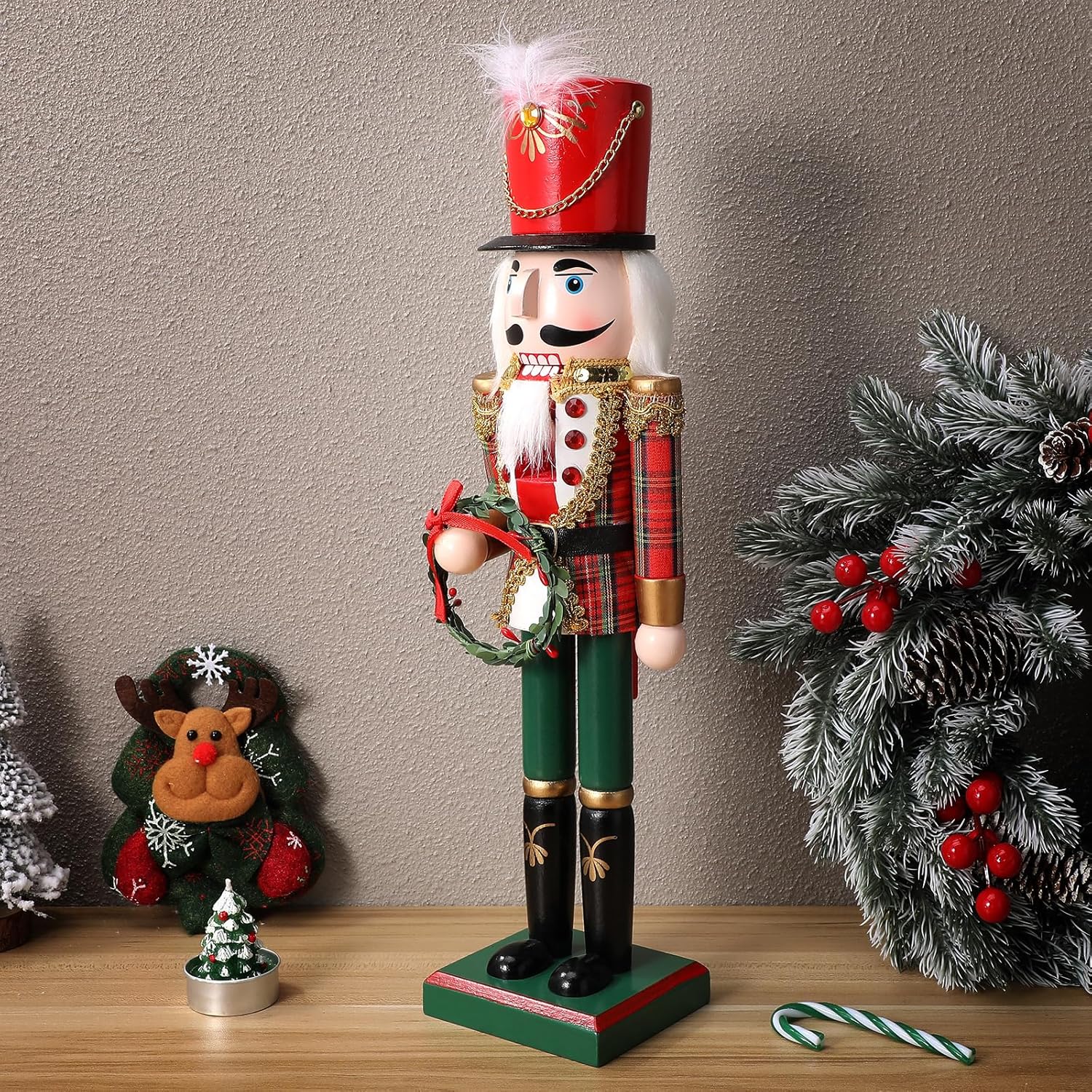 Nutcracker Soldier Wooden Ornament, 15 Inch Red and Green Nutcracker Christmas Decor, Festive Xmas Table Decoration with Wreath for Home and Holiday Parties