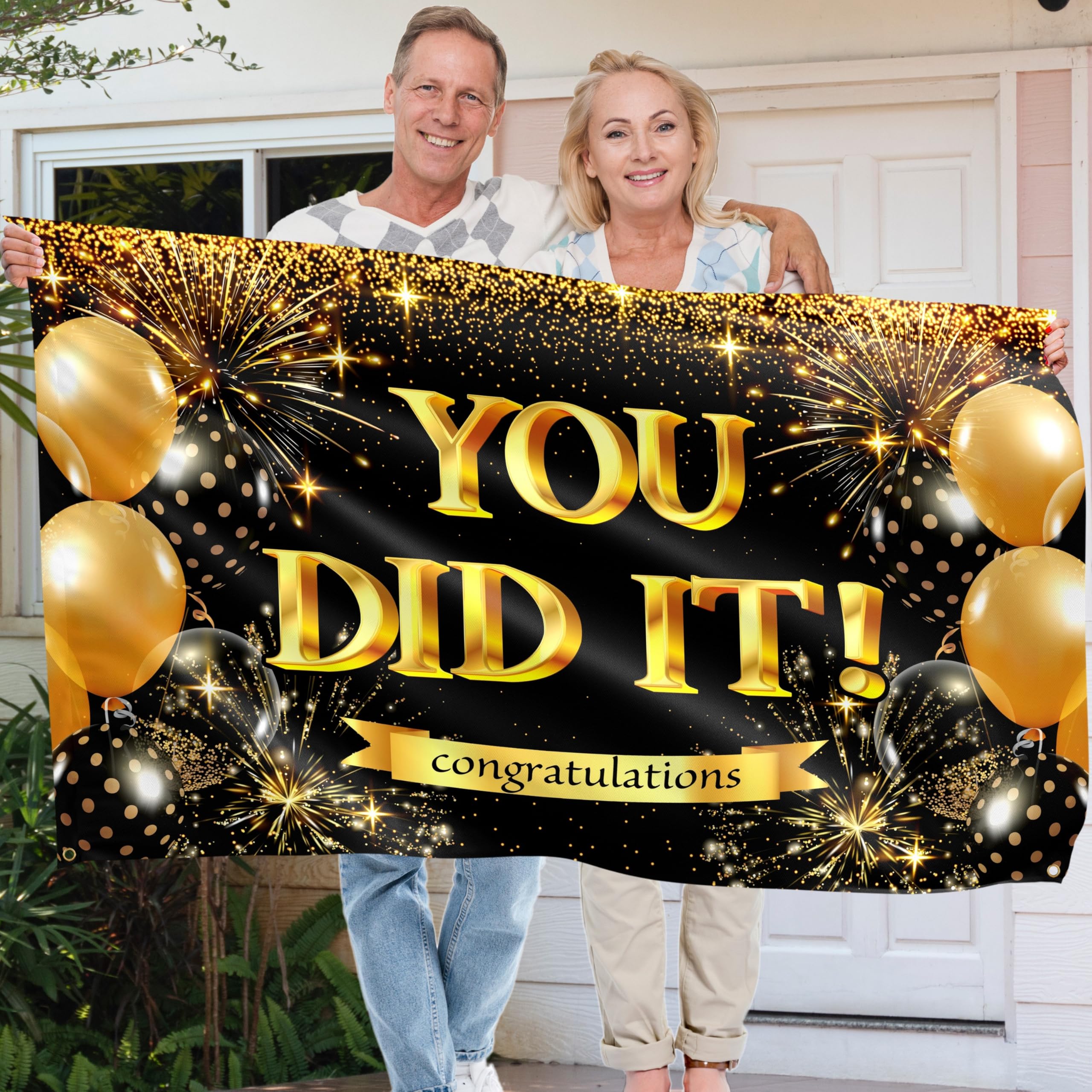 Congratulations Banner - Graduation Decorations 5x3ft - You Did It Banner - We are so Proud of You - Well Done (Black & Gold) - Image 4
