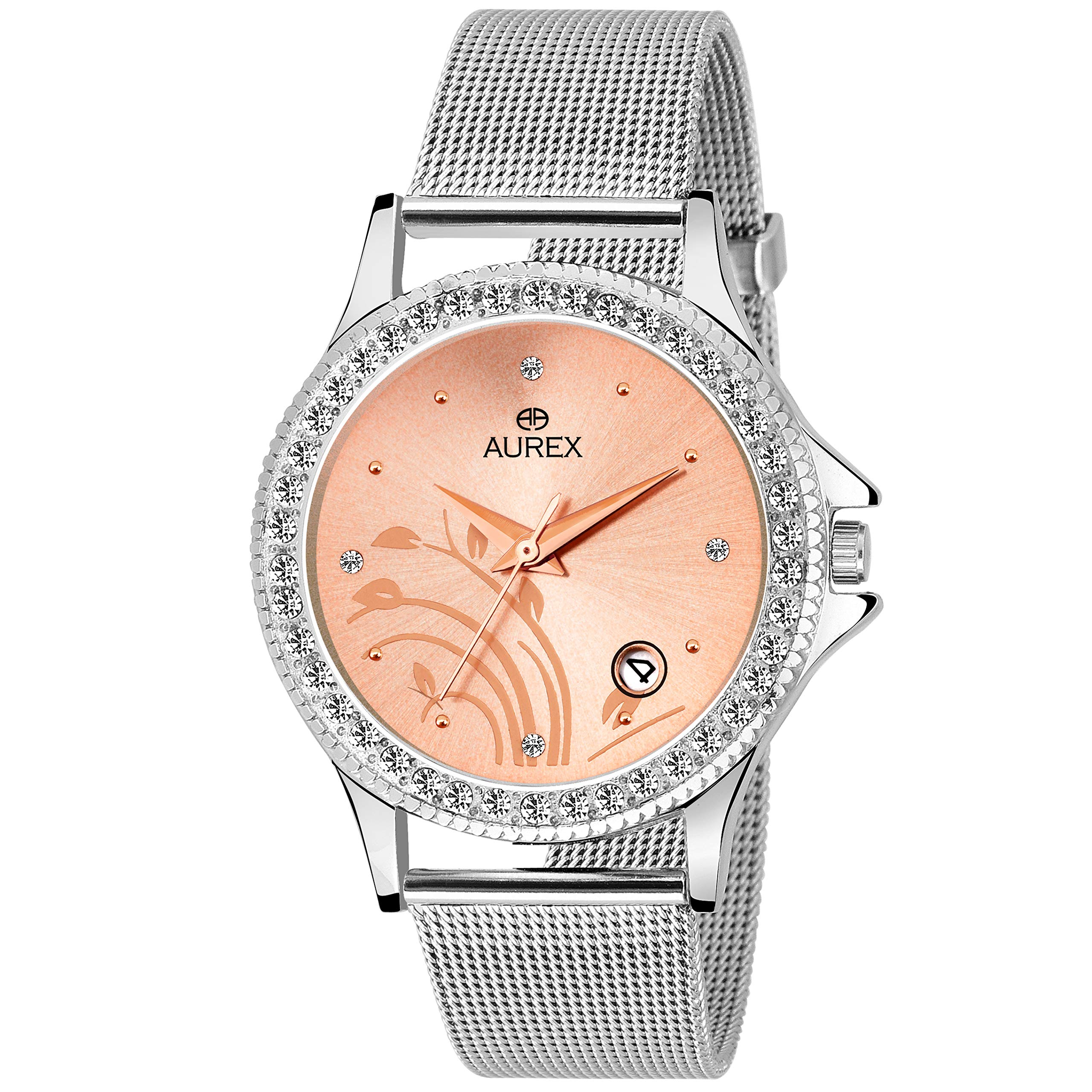 AUREX Analogue Rose Gold Dial Date Watch Water Resistant Silver Color Strap Watch for Women/Ladies/Girls (AX-LR544-RGC) (B07MGLRMLC) Amazon Price History, Amazon Price Tracker