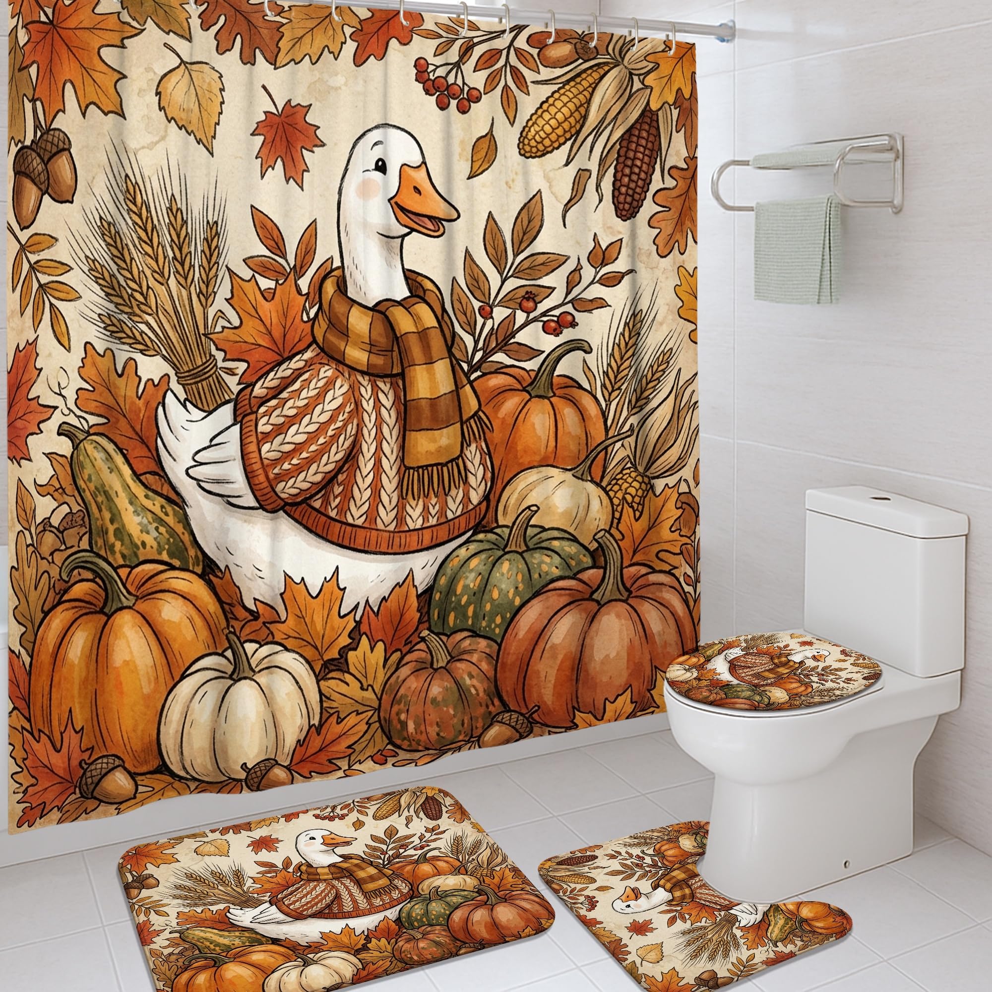 Rideau de douche en tissu haut de gamme motif oie et citrouilles orange 183x183