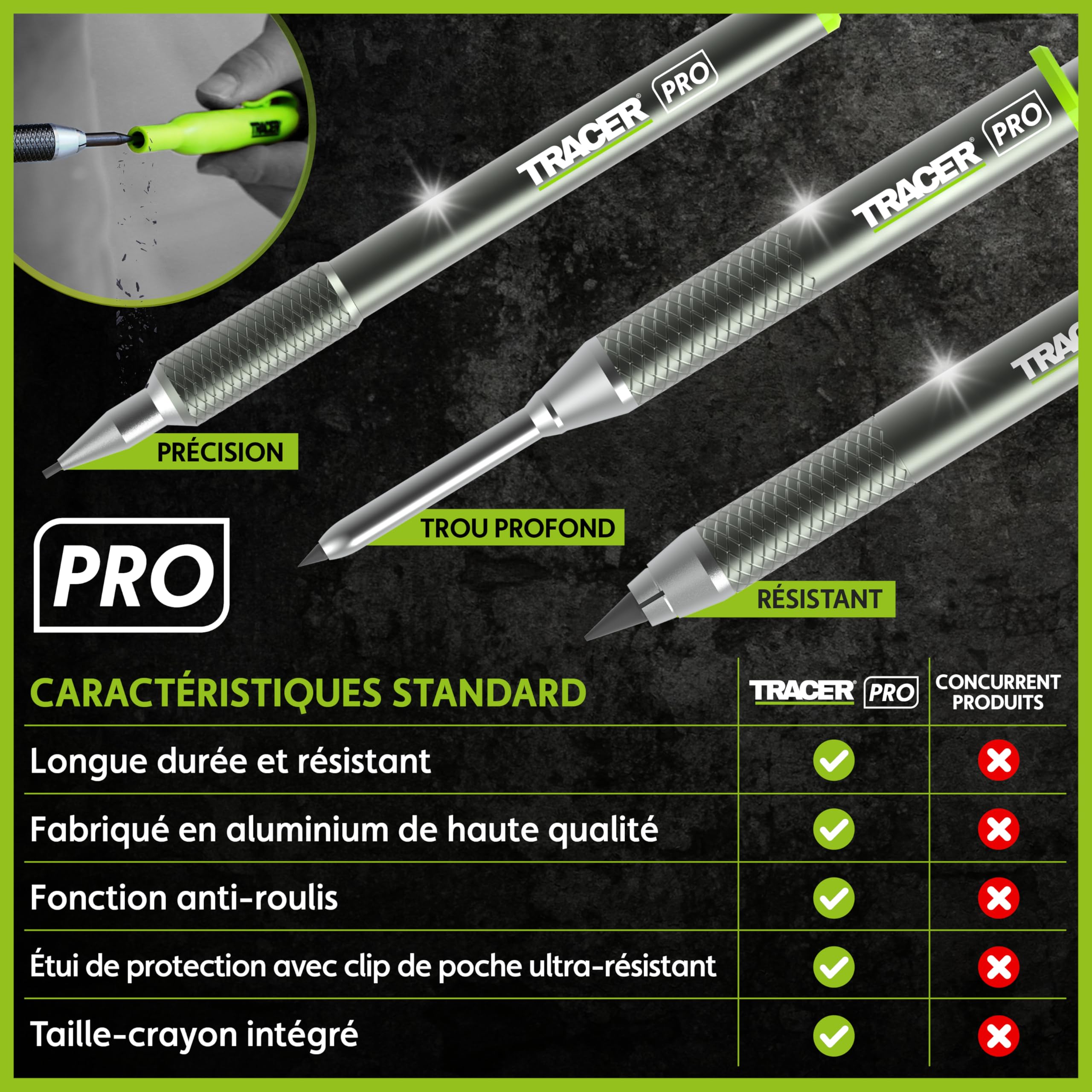 Tracer Pro Series – Kit de 5 marqueurs de construction avec étui de rangement – Crayon de charpentier à trou profond, crayon de précision, crayon résistant et distributeurs de mines de rechange