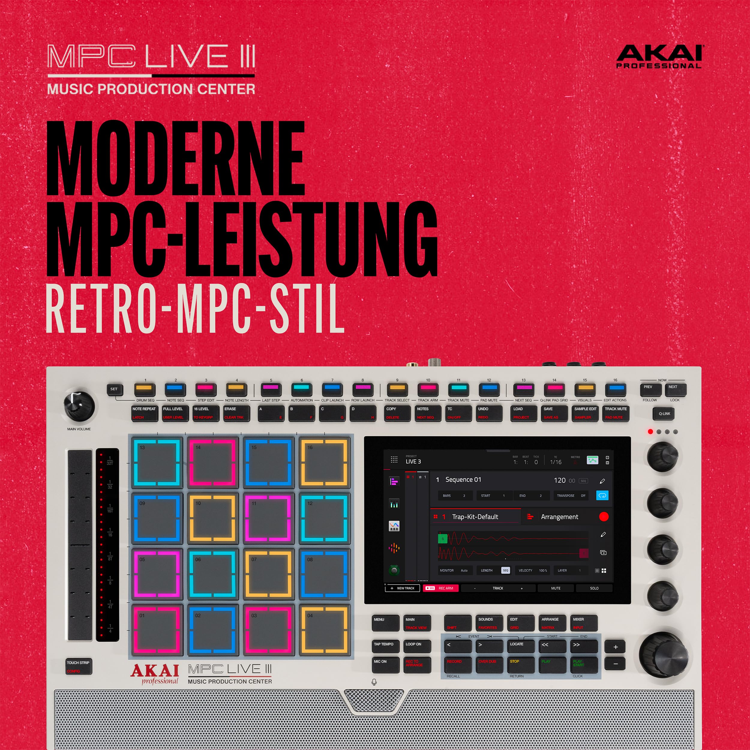 Akai Professional MPC Live III Retro tragbares Musikproduktions-Center | Standalone, MPCe Pads, Touchscreen, Stereo Lautsprecher, Mikrofon, Akku, Bluetooth, WLAN