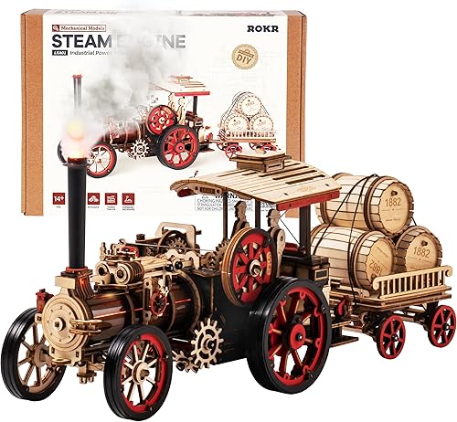 ROKR 3D Puzzle for Adults 469pcs Electric Vintage Car Steam Engine Model Kits, Mechanical Wooden Assembly Puzzles Vehicle DIY Hobbies Christmas Gifts for Men Women