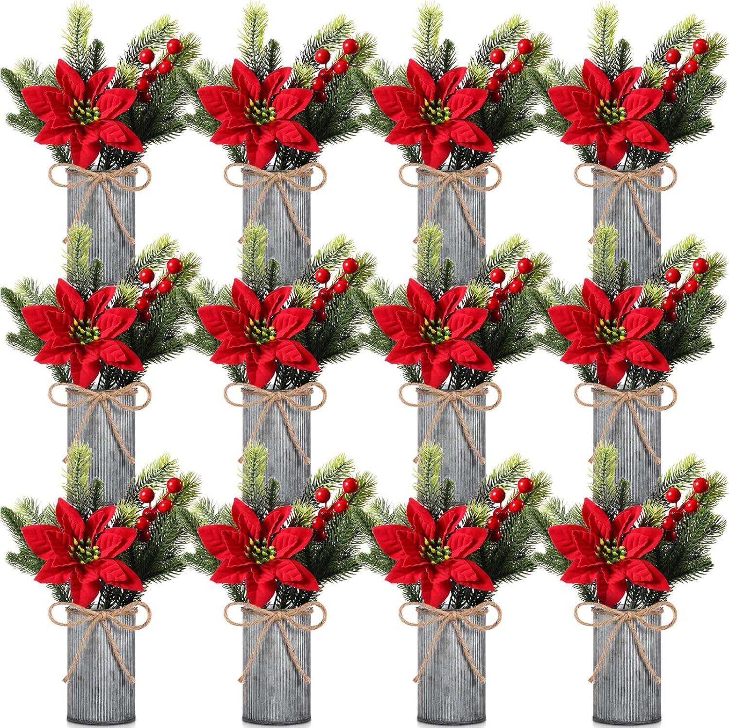 tioncy 12 sets christmas tabletop centerpiece artificial poinsettias with metal vase flower picks holly red berries stem pine needles in pots faux floral arrangements for home table party (iron color) iron color 12