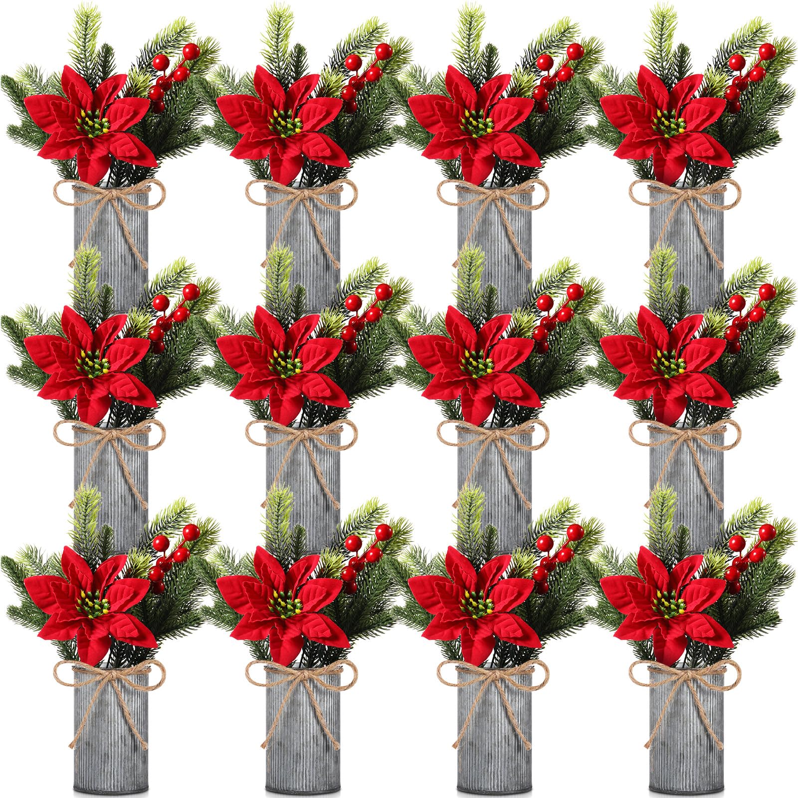 Tioncy Lot de 12 poinsettias artificiels pour table de Noël avec vase en métal - Pics à fleurs de houx rouges - Tiges de pin - Arrangements floraux artificiels pour la maison, la table de fête