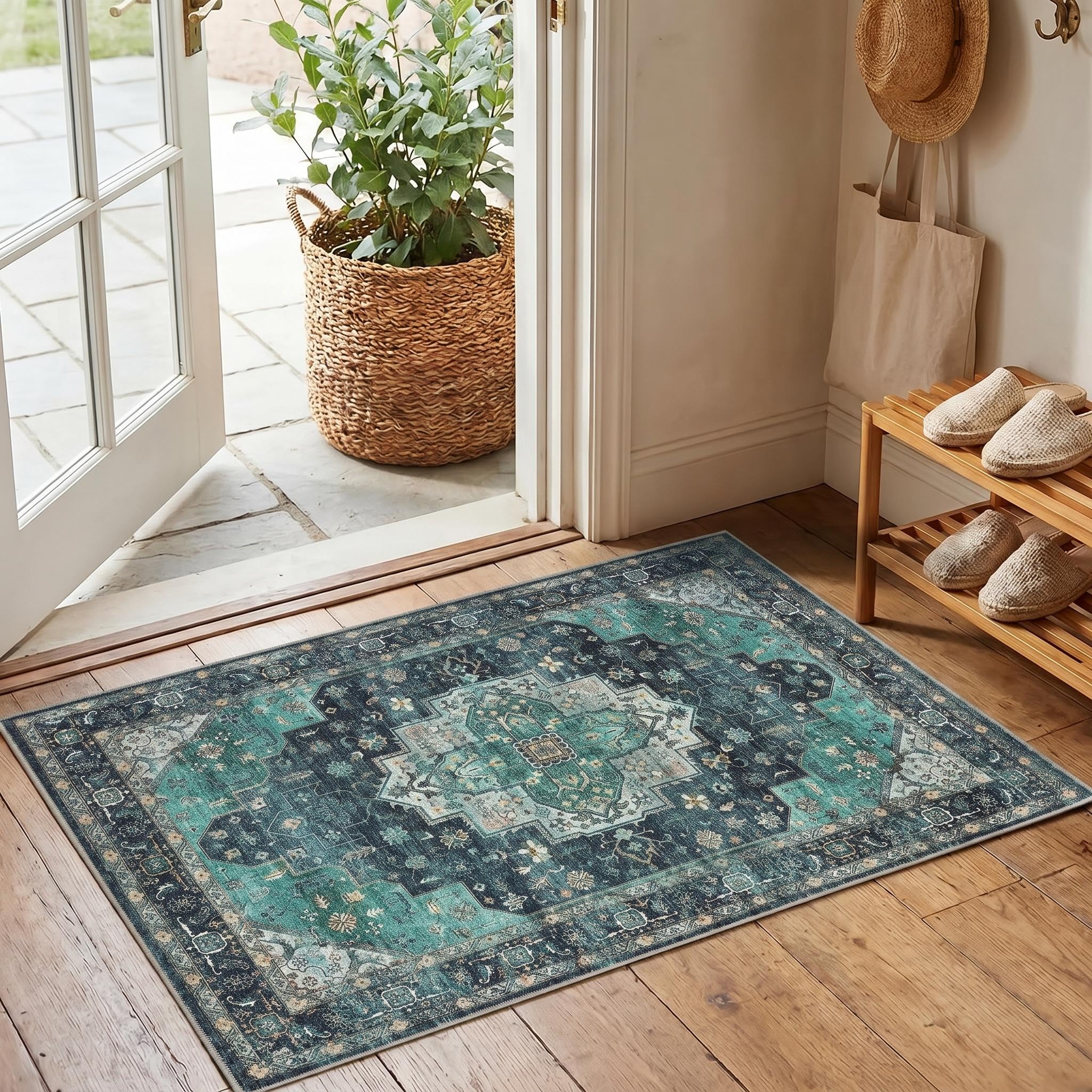 FairyStyle Small Doormat Inside Rugs for Entryway 60x100cm Vintage Small Botanical Grove Cottagecore Washable Non-Slip Low-Pile Rug for Bedroom Kitchen Bathroom Entrance Teal