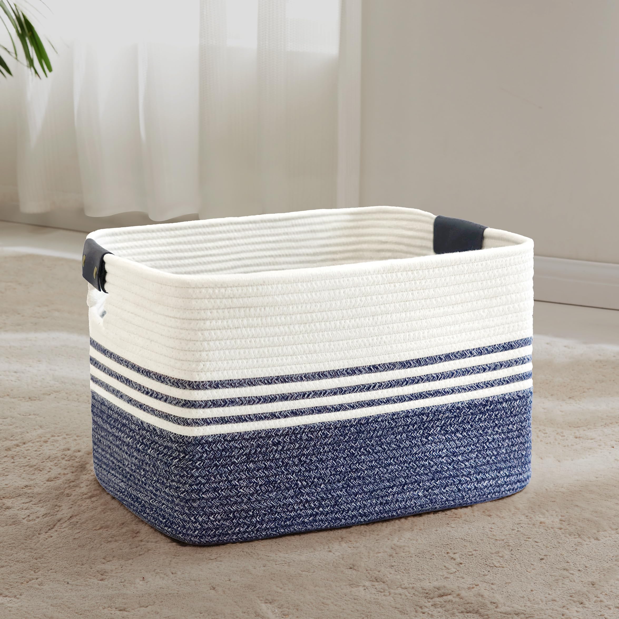 MYHOMMATTO 60L Large Laundry Basket with Leather Handles for Living Room Storage, Woven Rope Baskets Bin for Blanket, Kids Toy, Gifts, Wicker Hamper for Bedroom Dirty Clothes, 21"x15"x11" Denim Blue