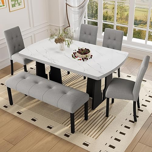 Merax Juego de mesa de comedor de 6 piezas con moderna mesa de cocina ovalada de mármol sintético, cuatro sillas tapizadas y un banco para comedor,