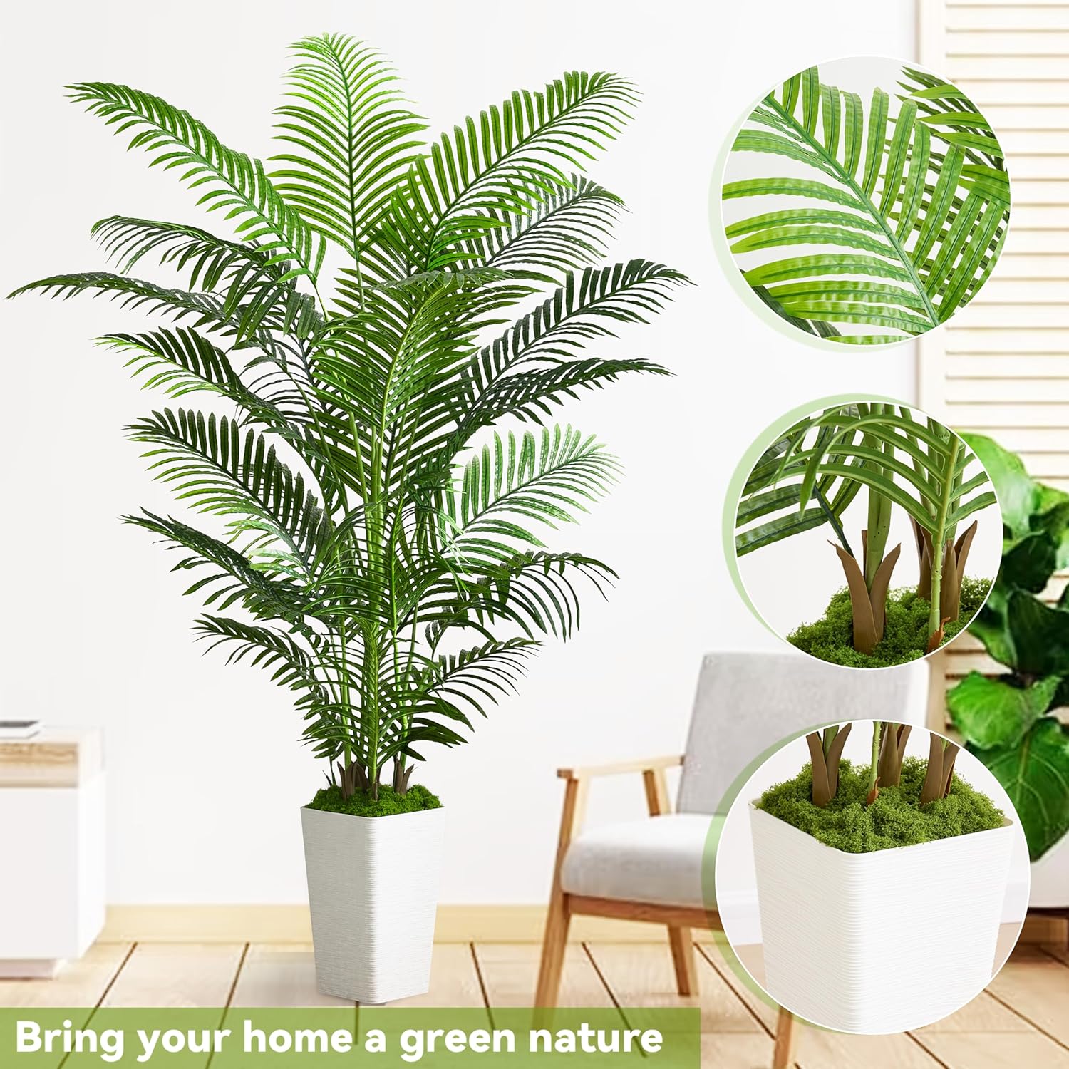 Artificial Palm Tree Indoor, 6FT Fake Floor Plants Large Tropical Silk Plant with White Tall Planter, Faux Areca Palm Plant Artificial Tree in Pot for Home Room Office Outdoor Patio Decor - Image 4