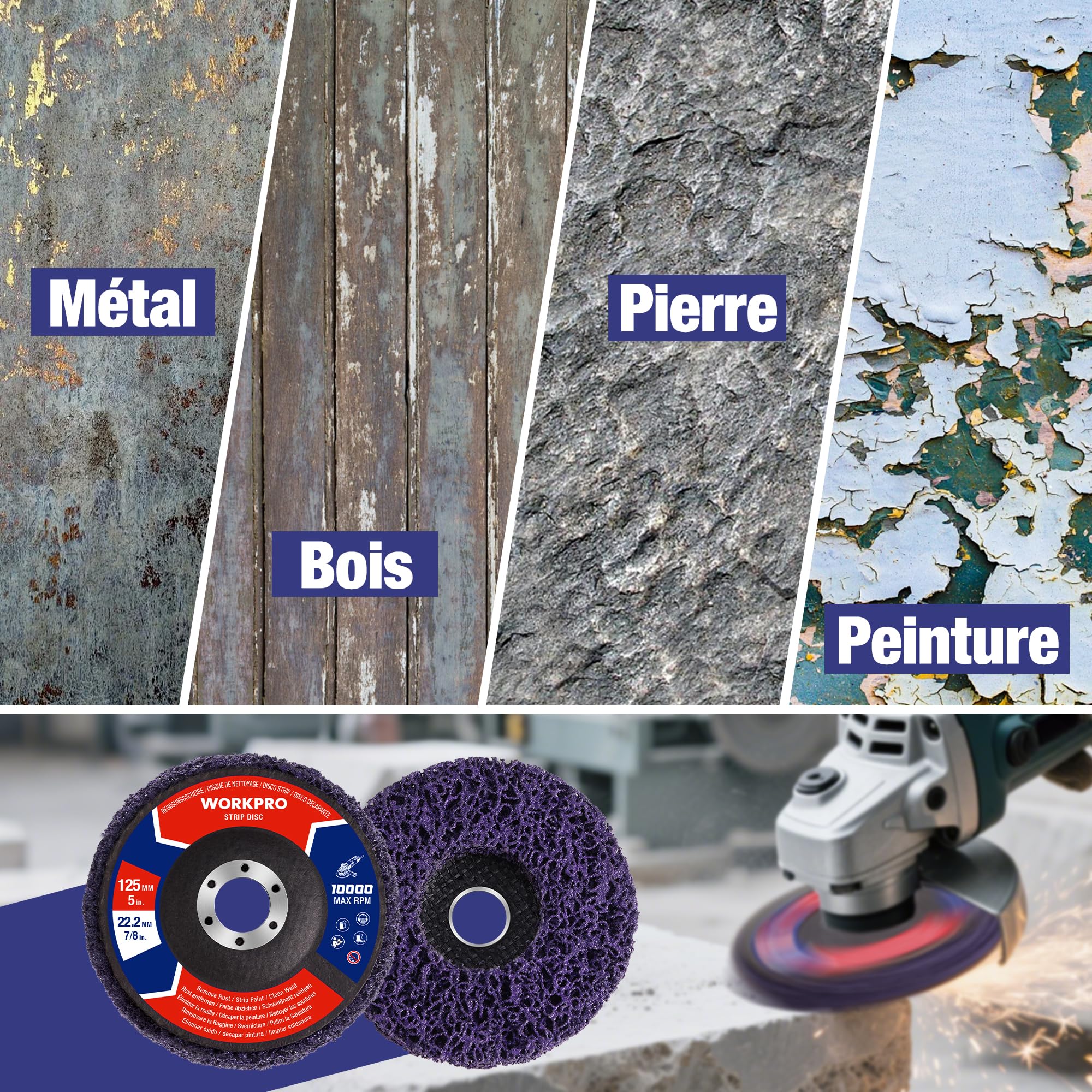 WORKPRO 6 Disques de Nettoyage 125mm, Disques de Décapage Abrasifs pour Meuleuse d'Angle, Idéal pour Éliminer la Peinture, la Rouille, les Soudures et les Couches de Protection sur Métal, Pierre, Bois