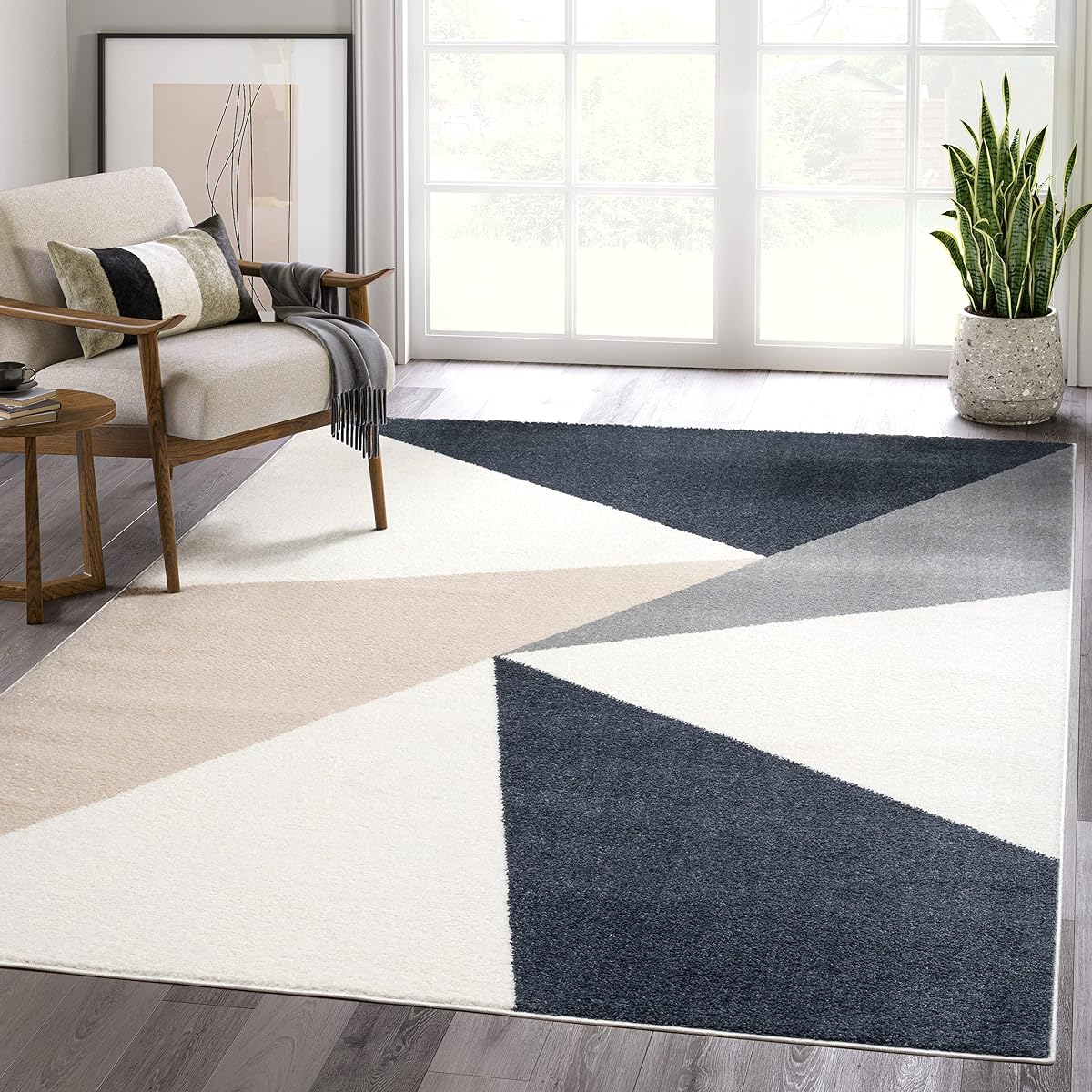 Rugs Gray, Cream and Beige 8 ft. X 10ft. Contemporary Rug. Repeated Triangles in Tones of Cream and Gray Inspired by mid-Century Design. Minimalistic Design Turkish Stain Resistant Area Rug.